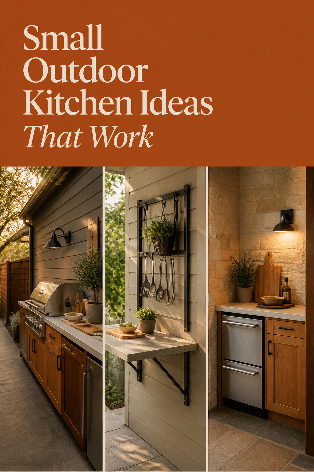 Pinterest collage of small outdoor kitchen ideas showing compact layouts, fold-down counters and vertical storage