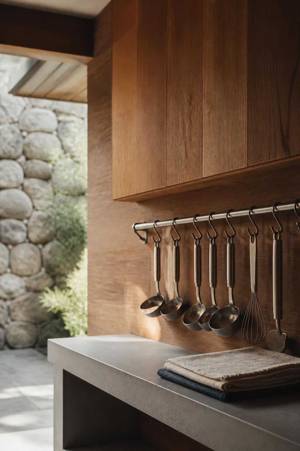Wall-mounted tool rail and vertical storage cabinet above a narrow small outdoor kitchen counter
