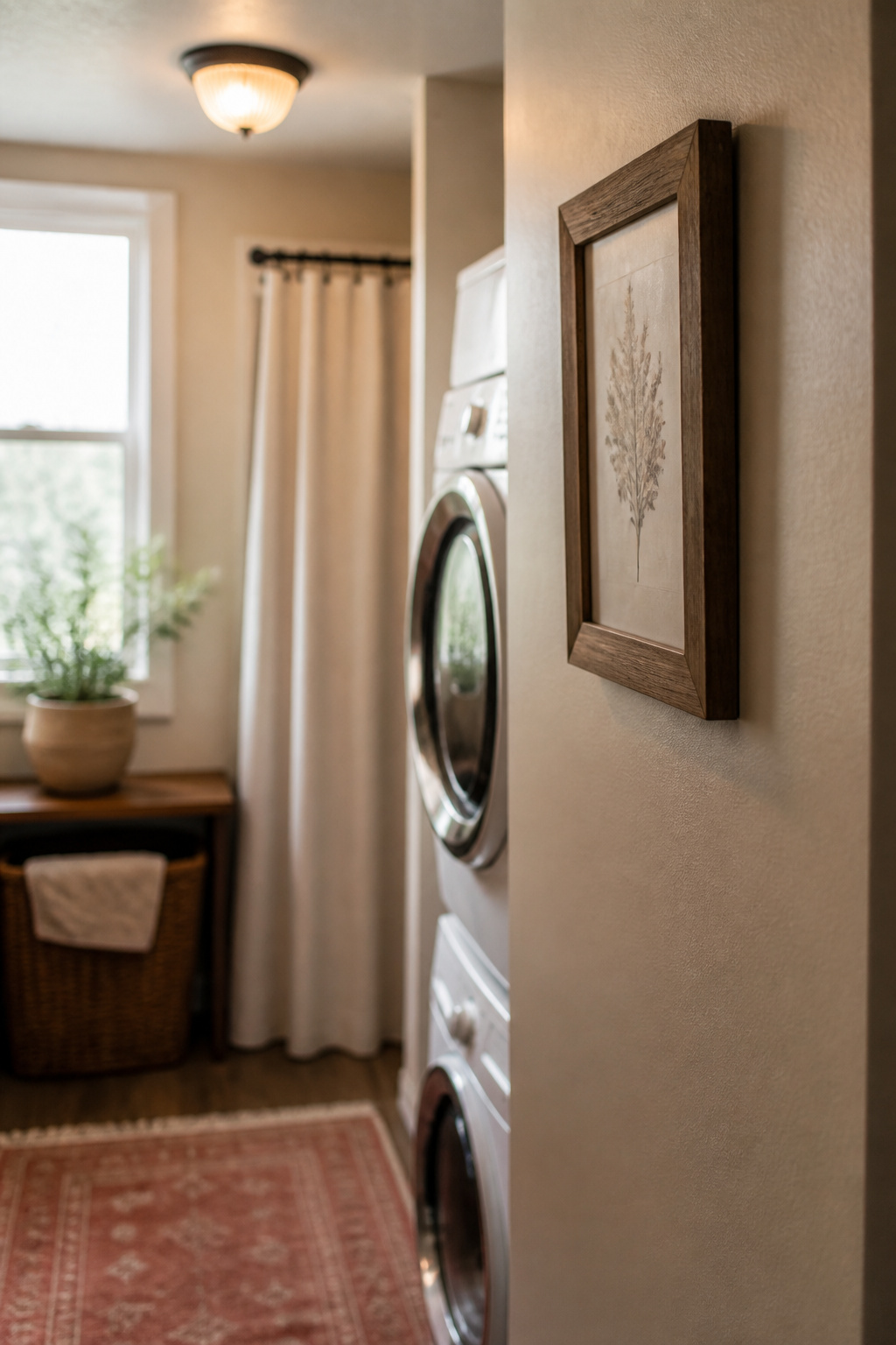 Small rental laundry corner styled with one framed print on adhesive strips, one potted plant and one terracotta runner rug