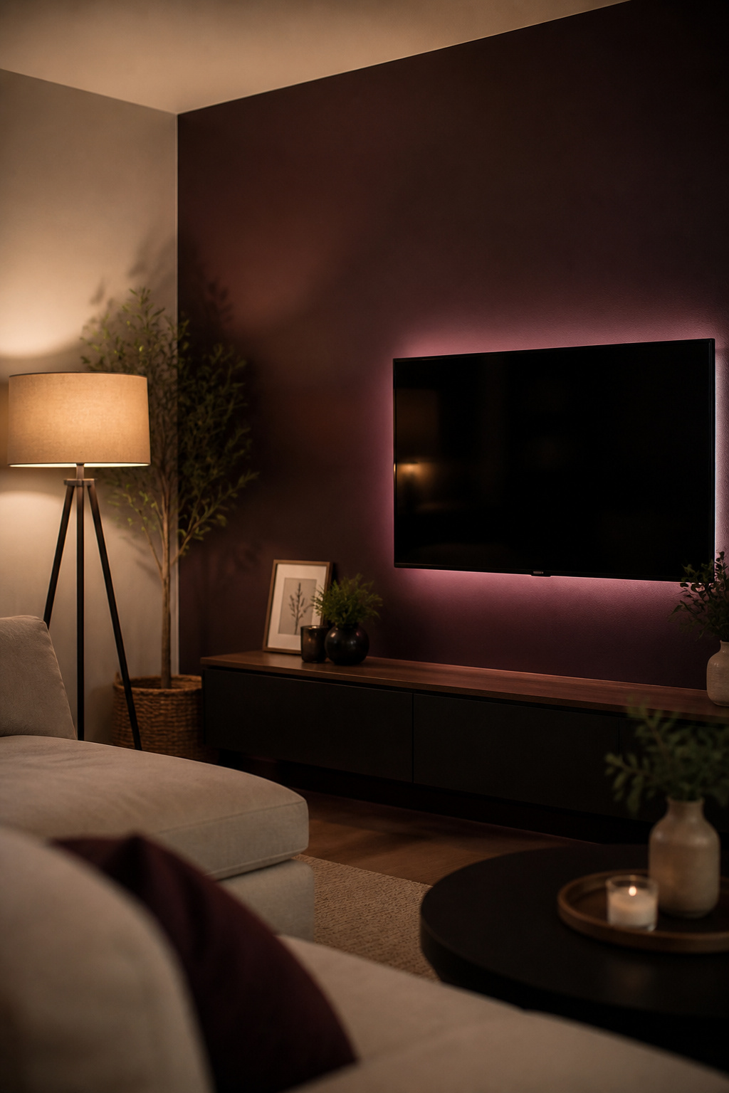 Deep warm plum accent wall behind a wall-mounted TV in a small living room with layered floor lamp and bias lighting keeping the space from feeling enclosed