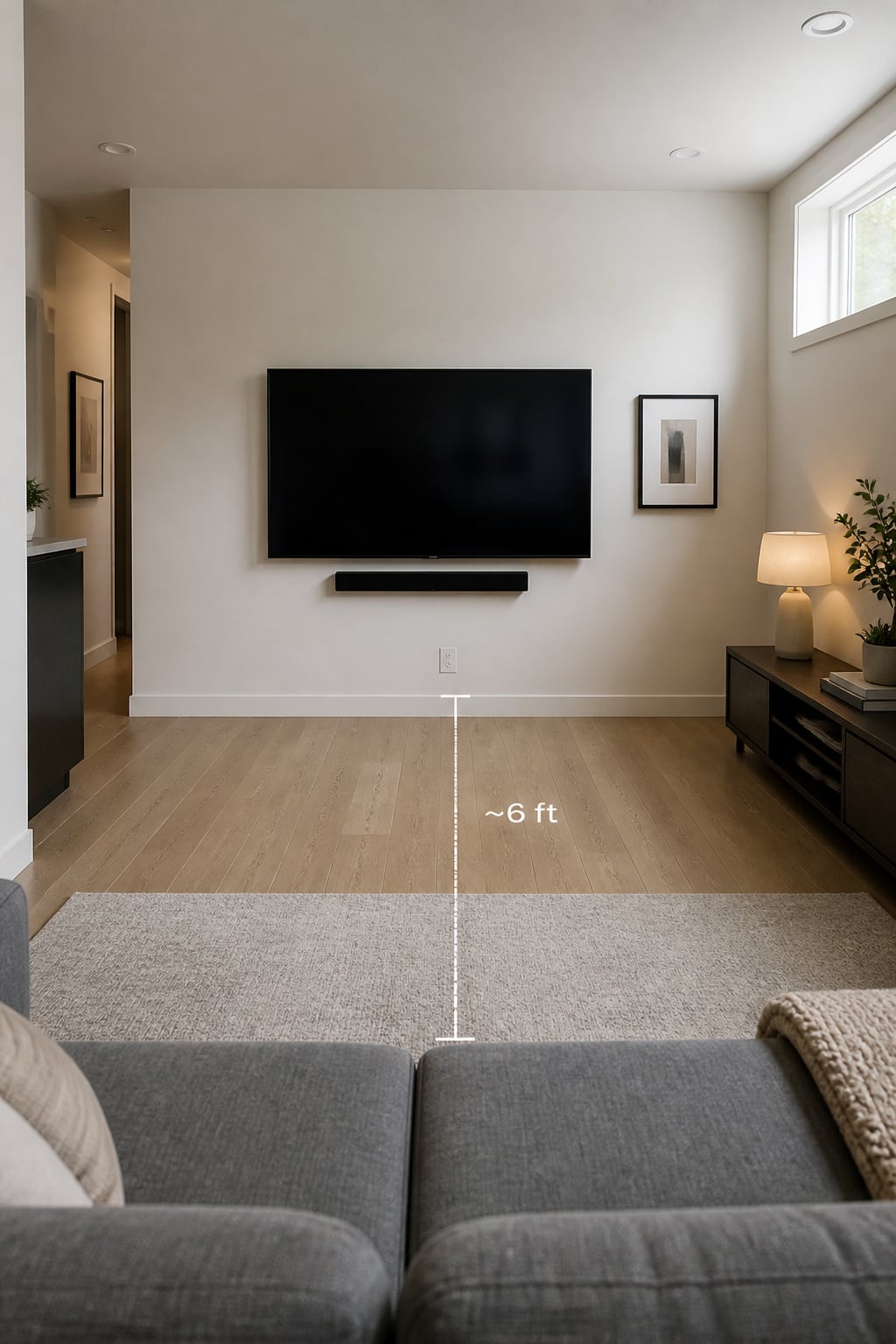 Small living room showing ideal viewing distance between sofa and wall-mounted TV at correct mounting height