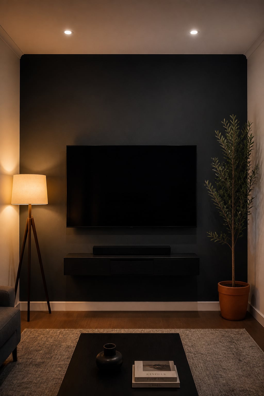 Small living room with dark charcoal TV accent wall on one wall only, remaining walls in warm off-white, with vertical plant accent