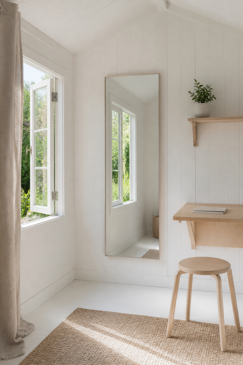 Small she shed interior colour-drenched in pale off-white from floor to ceiling, with a large vertical mirror reflecting garden light opposite the window