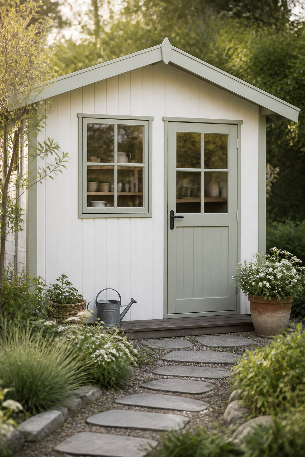 Small 8x10 she shed exterior with casement window and half-glazed door, set in a garden with stepping stone path