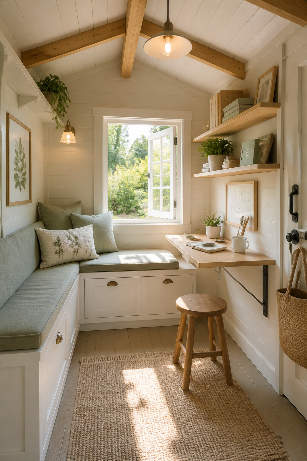 Small she shed interior with built-in window seat, fold-down desk, and open shelving along pale painted walls