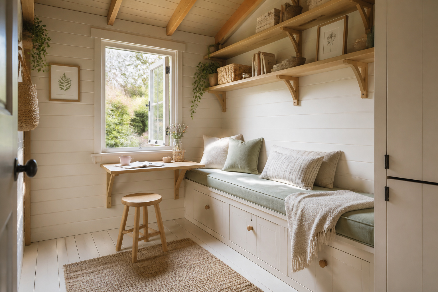 Small she shed interior with built-in window seat, fold-down desk, and open shelving along pale painted walls