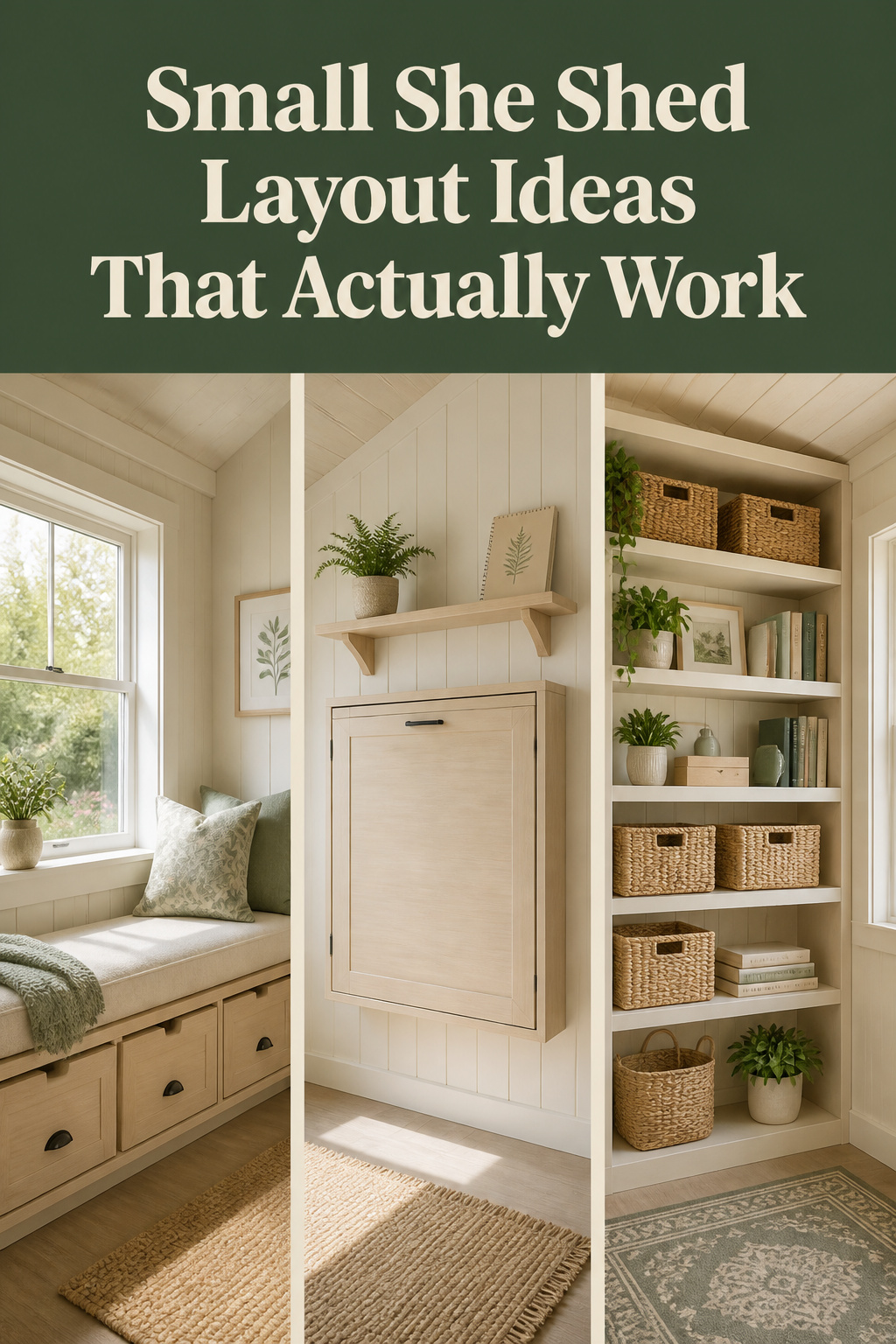 Three small she shed layout panels — window seat storage, fold-down murphy desk, and ceiling-height shelving — with a dusty-green headline band