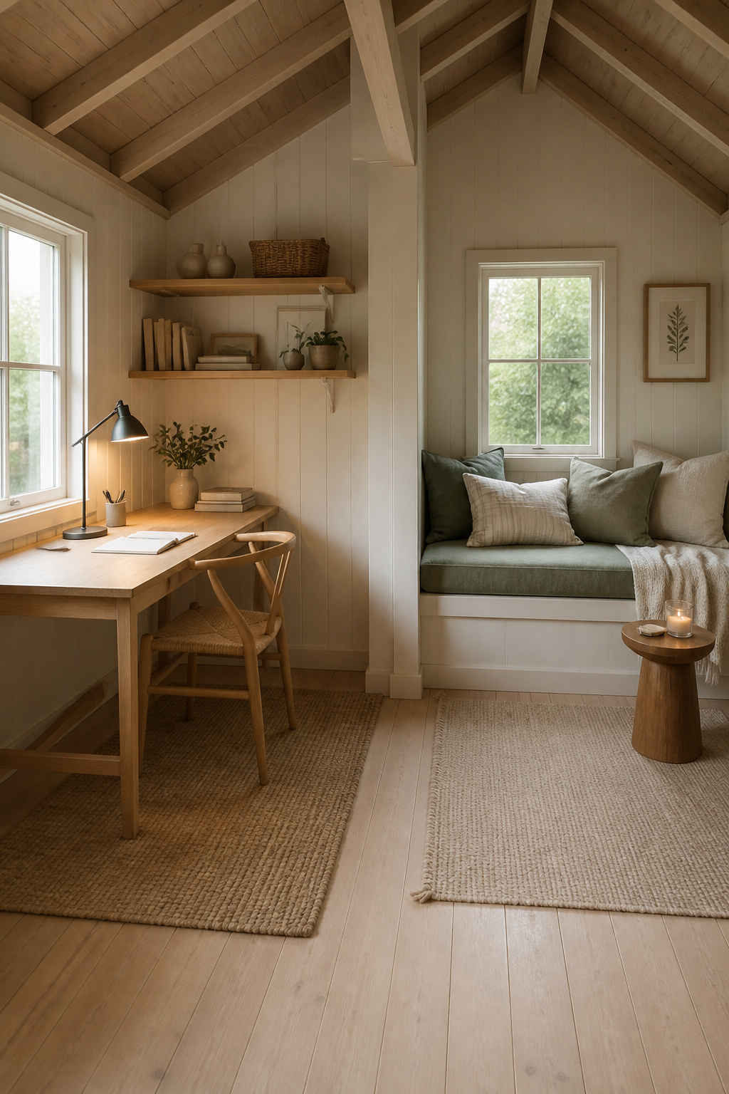 Small she shed interior showing two zones — a desk workspace on the left and a window seat reading nook on the right, separated by contrasting rugs