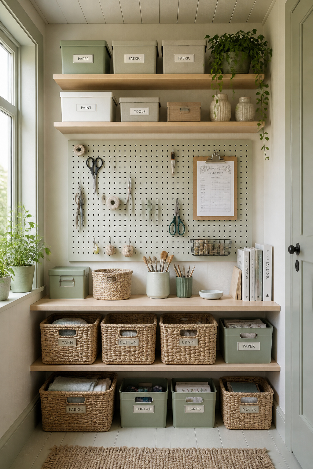 Small she shed wall with vertical storage in three zones — lower shelving with baskets, central pegboard with tools, and upper shelves with labelled boxes