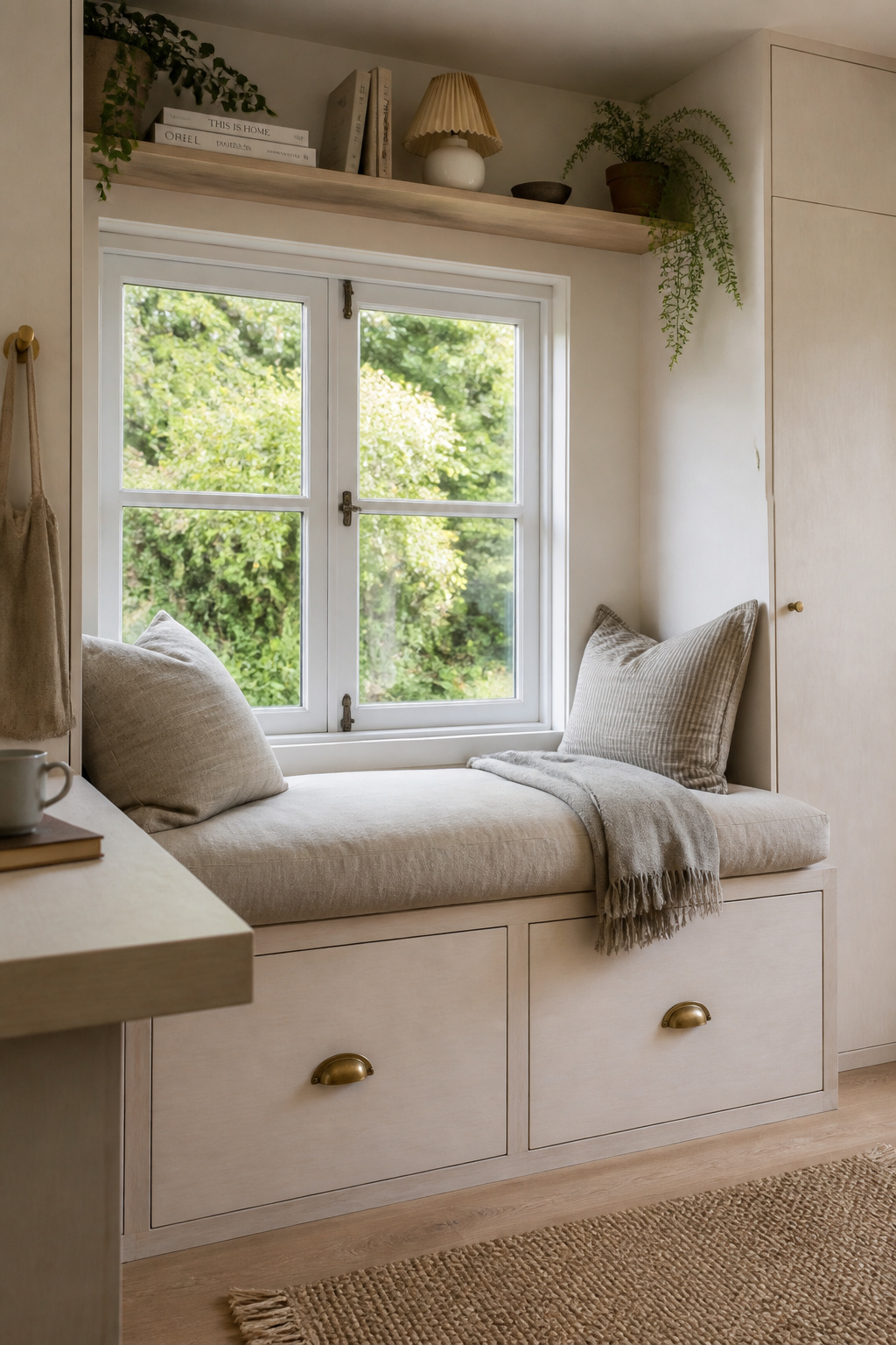 Built-in window seat with pull-out storage drawers and linen cushion in a small she shed interior, with open shelving above