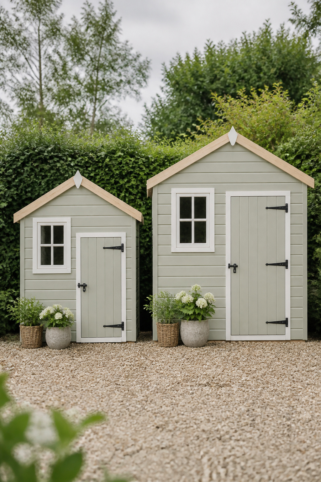 Two small she sheds side by side showing the size difference between an 8x10 and a 10x12 footprint in a garden setting