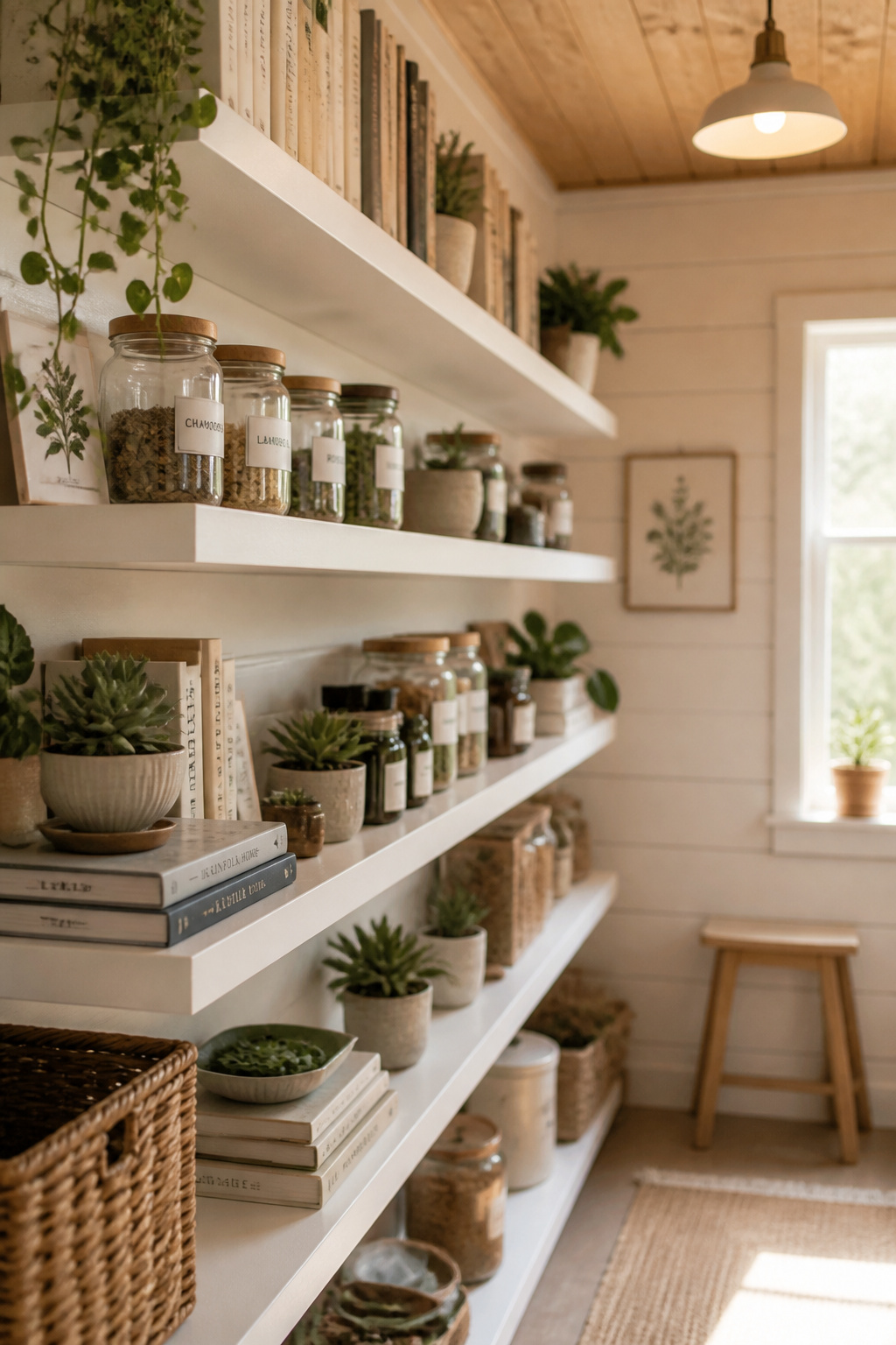 Floor-to-ceiling white floating shelves in a compact she shed holding books, jars and small plants