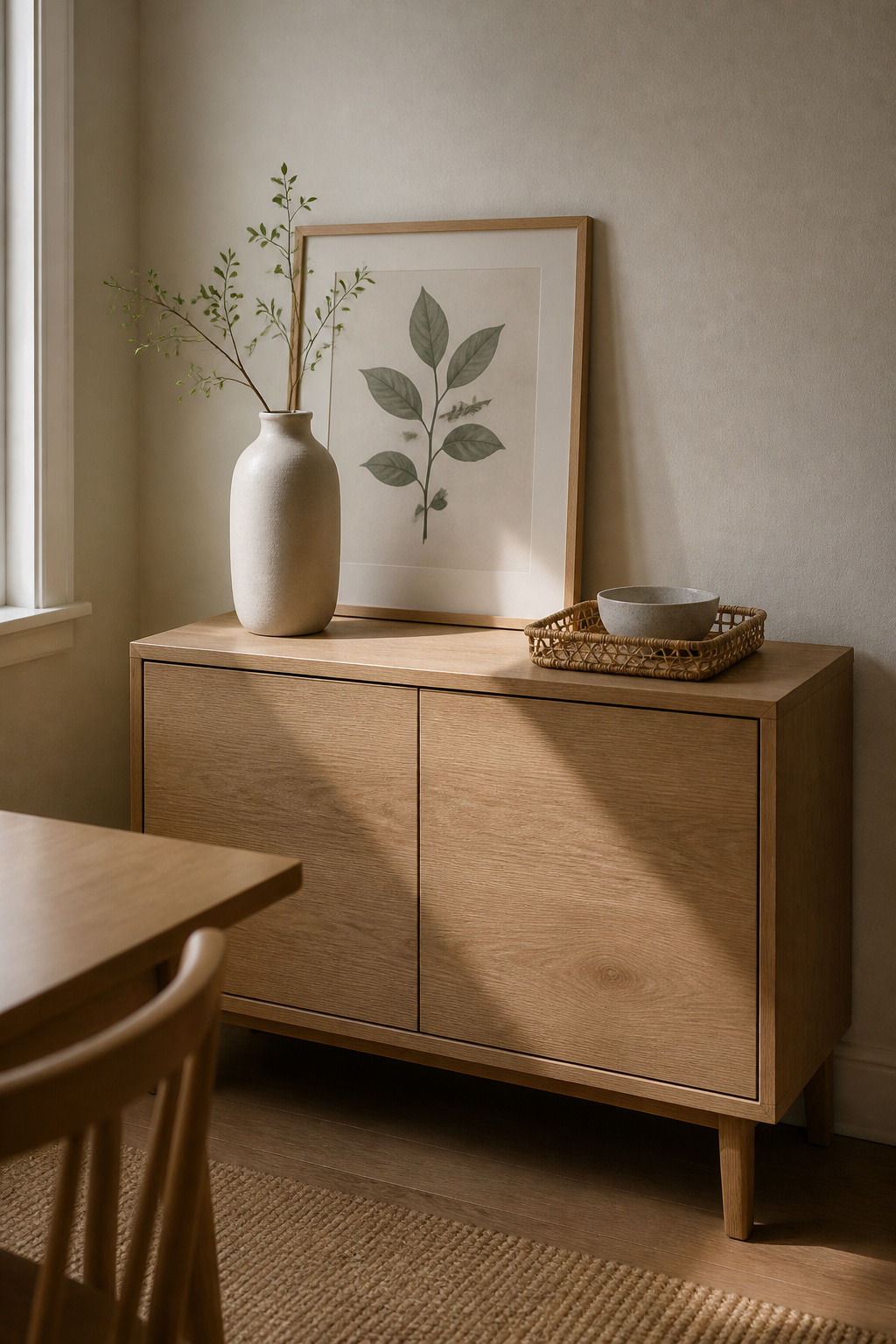 Narrow pale oak sideboard styled with one tall cream vase and a small tray, generous empty surface, framed botanical print behind, Scandinavian dining room