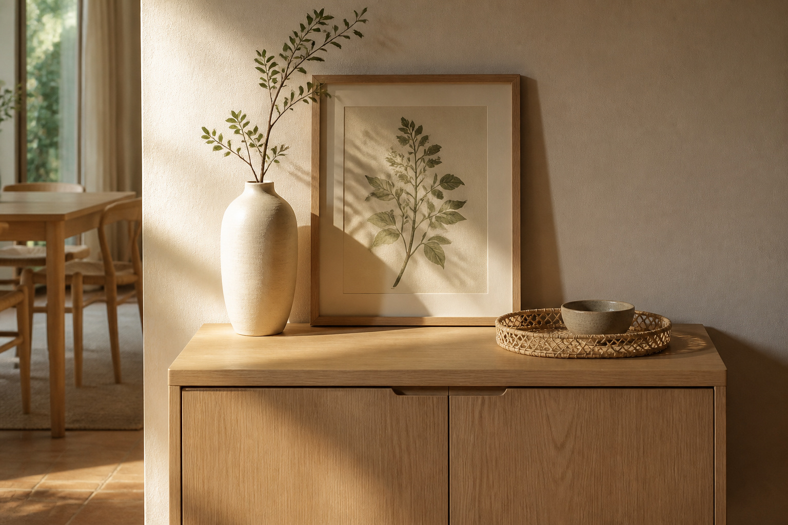 Narrow pale oak sideboard styled with one tall cream vase and a small tray, generous empty surface, framed botanical print behind, Scandinavian dining room