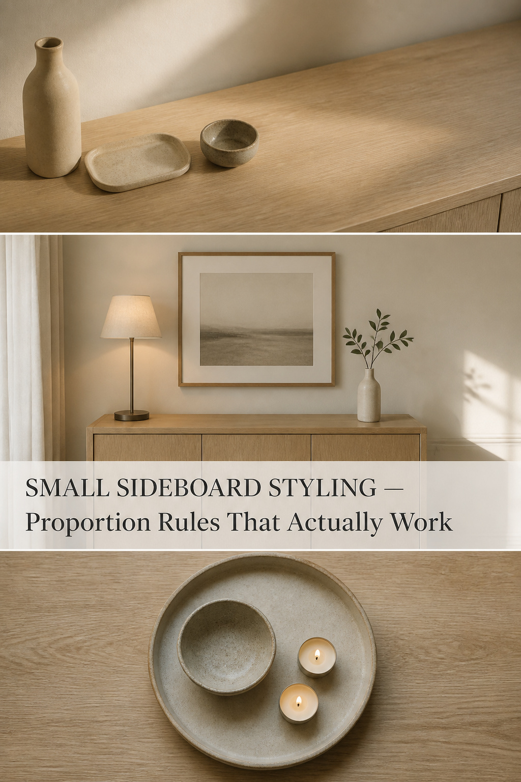 Pinterest guide to small sideboard styling showing three-object surface rule, slim buffet lamp, and tray containment method