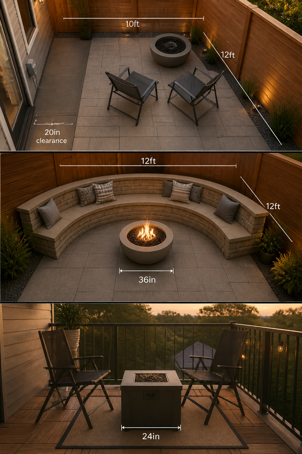Three stacked fire pit layouts: 10x12 corner ring with two chairs, 12x12 corner bench with built-in curved seating, and balcony fire table setup