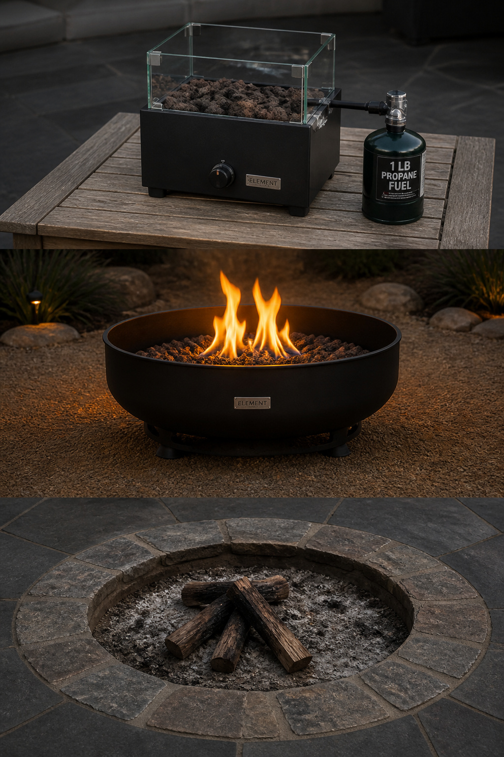 Three compact fire pit types for small yards: 10-inch tabletop propane bowl, 19-inch portable propane bowl lit, and 30-inch in-ground stone fire ring