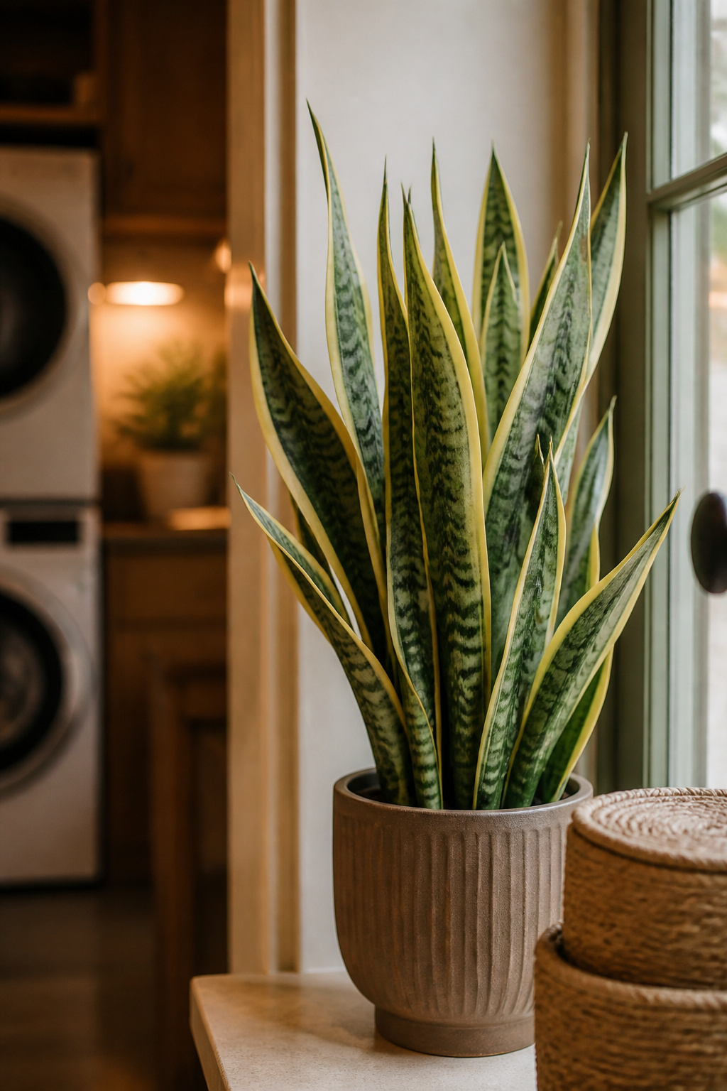 Snake plant on a windowsill catching soft daylight in a warm, farmhouse-style laundry room