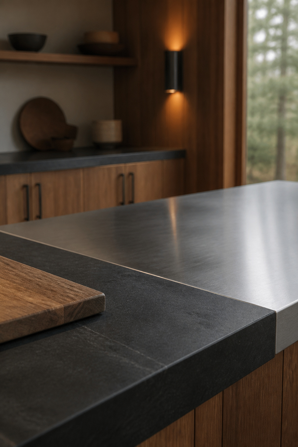 Outdoor kitchen counter transitioning from dark soapstone to a brushed stainless steel prep zone