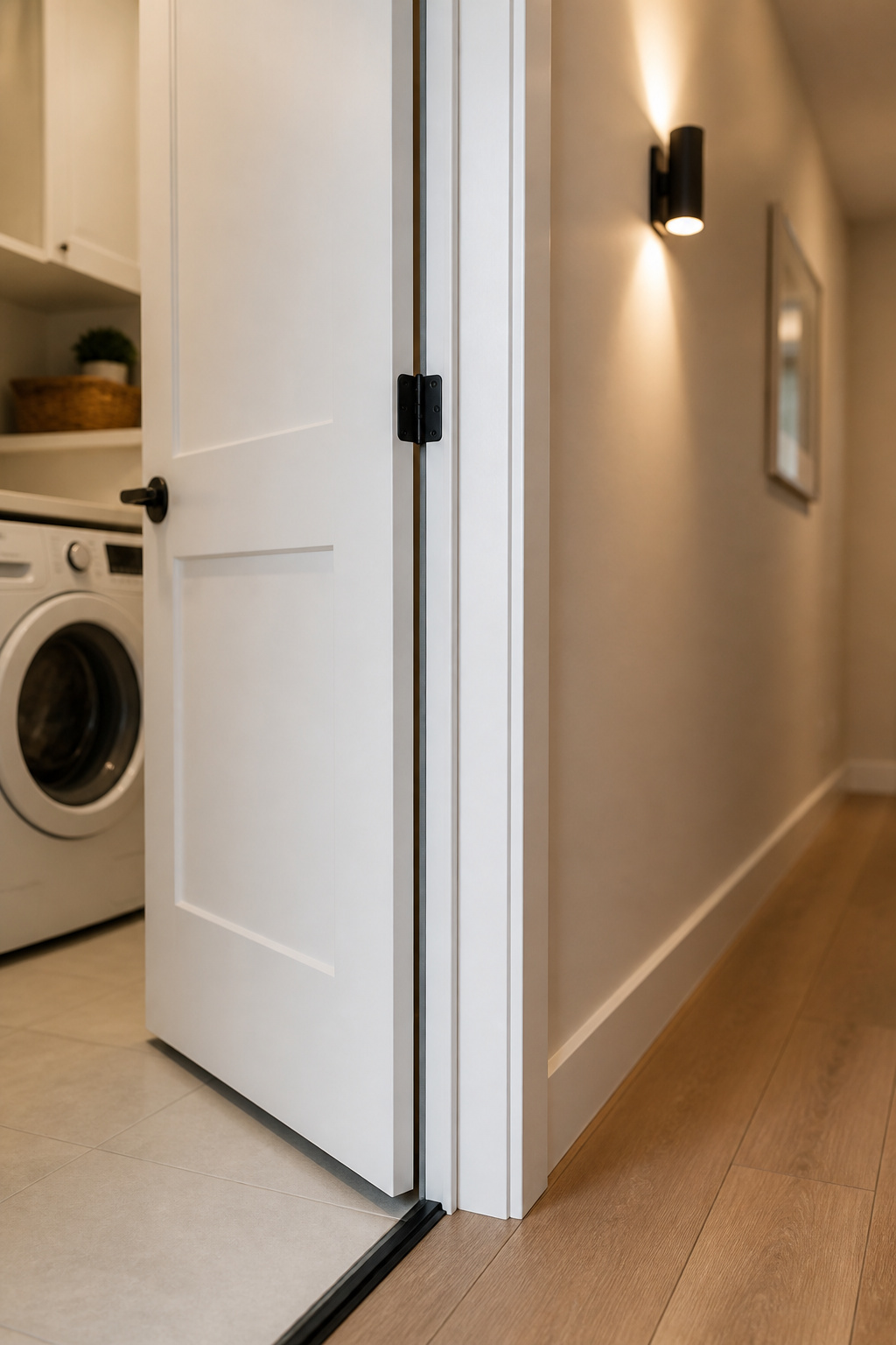 White solid-core laundry room door with silicone acoustic perimeter seal and door sweep at threshold