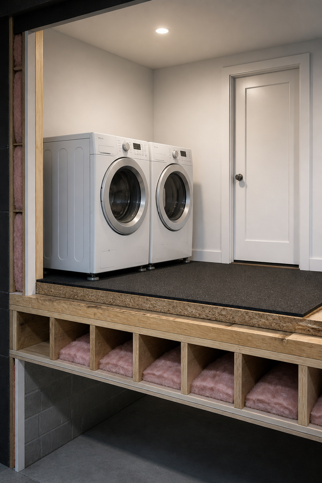 Cross-section diagram of upstairs laundry room showing anti-vibration underlayment under washer and dryer with solid-core door