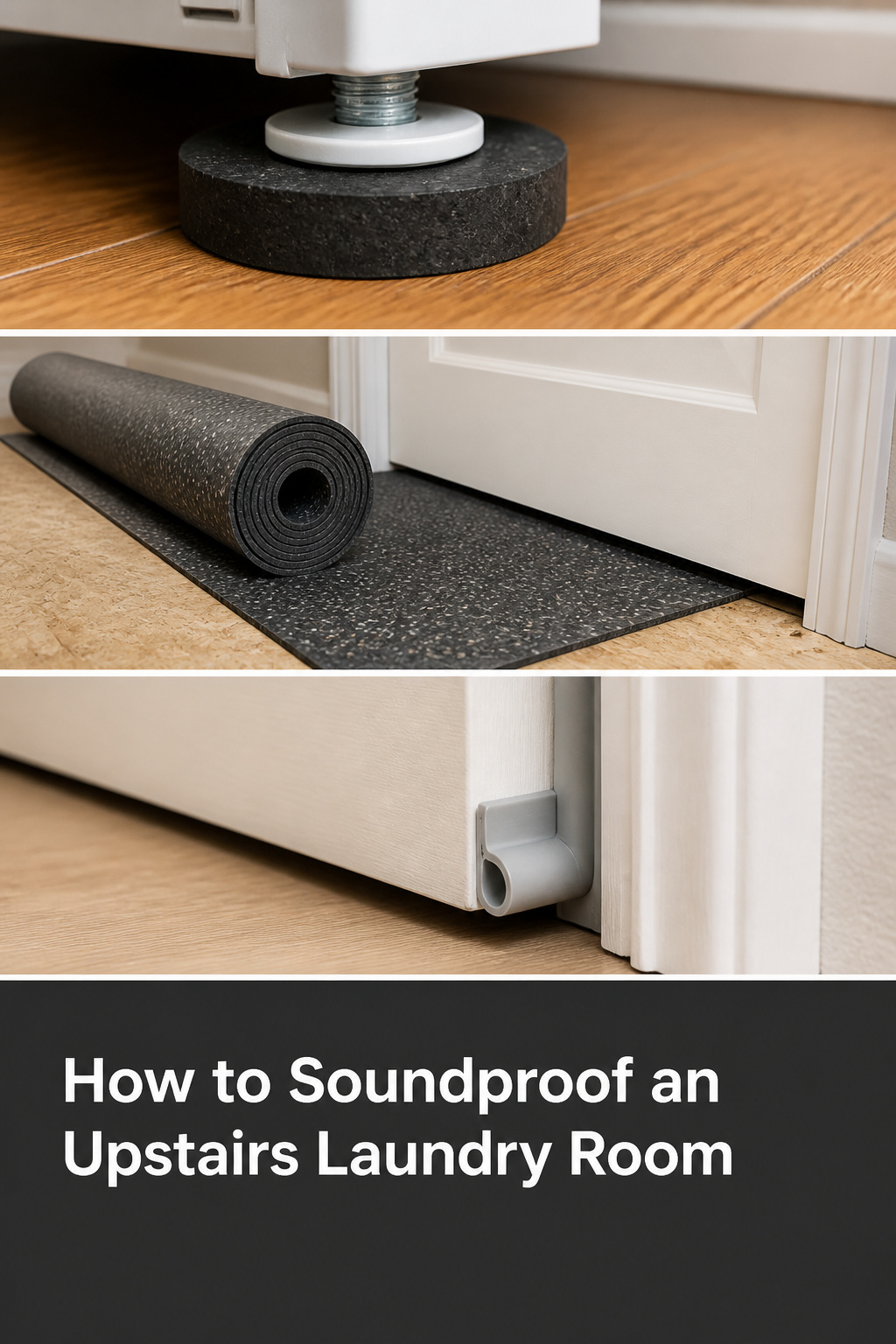 Three-panel collage showing anti-vibration pads, acoustic floor underlayment, and door perimeter seal for laundry room soundproofing