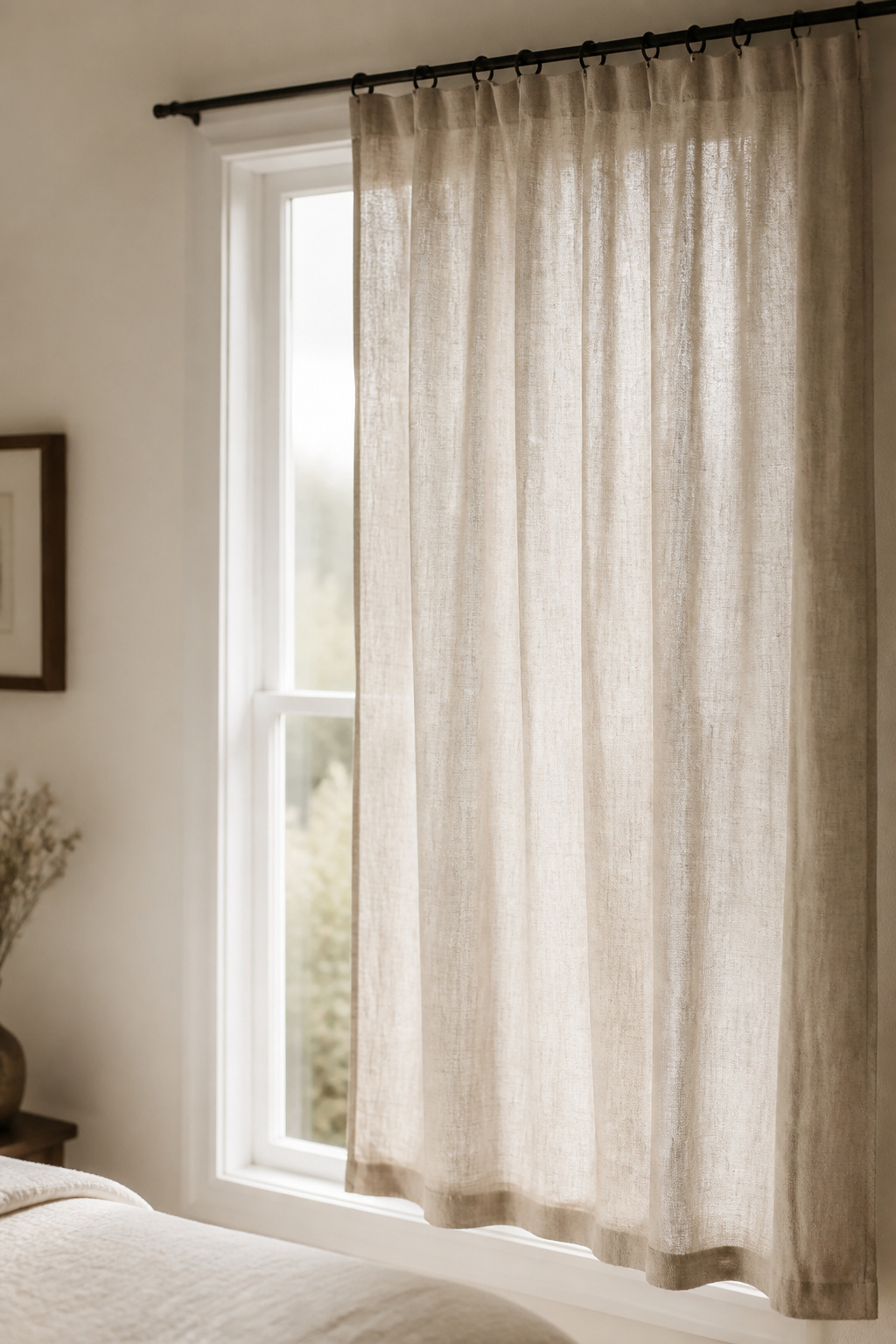 Small bedroom window dressed with a single flat linen curtain panel, an example of restrained small window styling