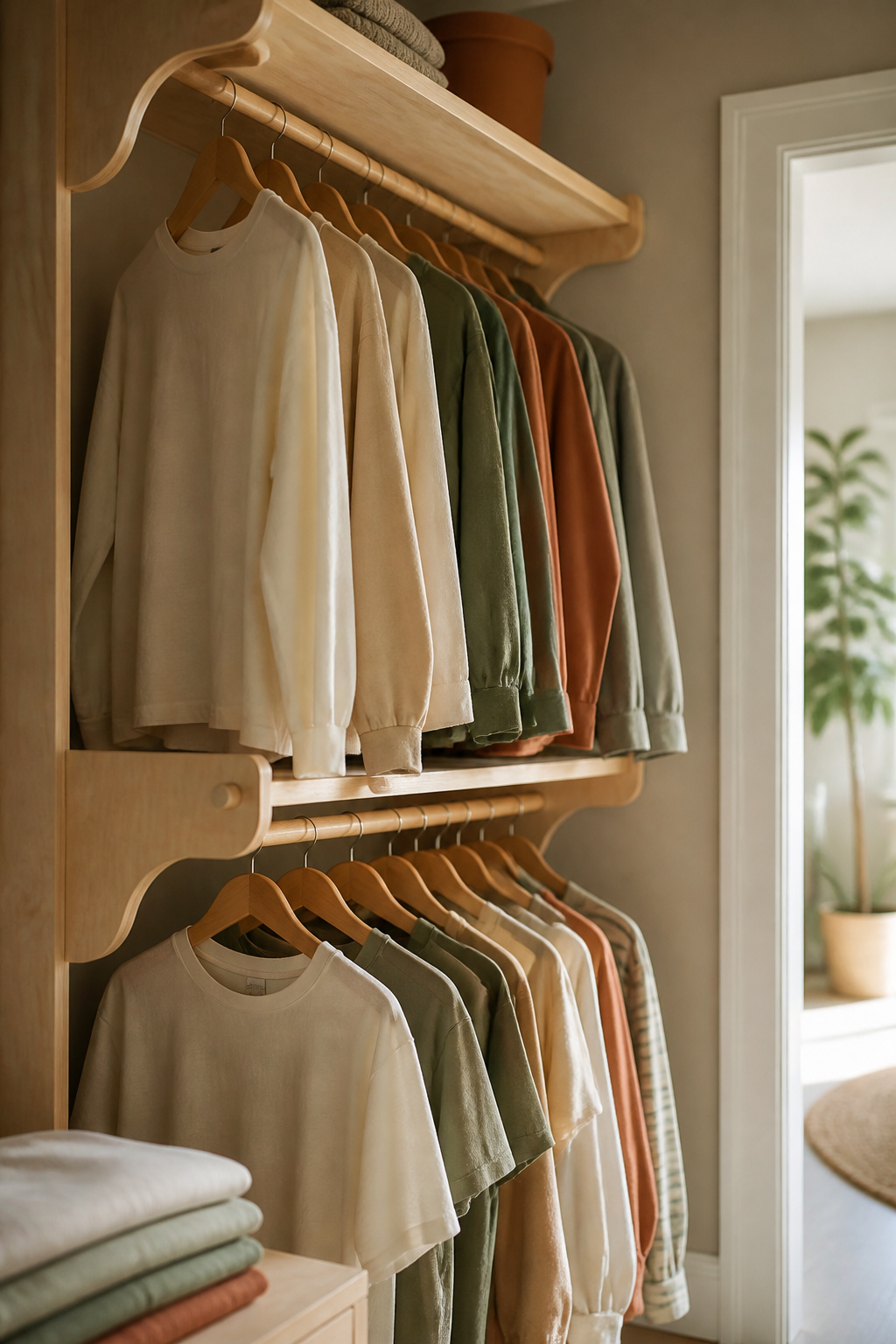 Reach-in closet fitted with a double-hang rod system at two different heights for shared use