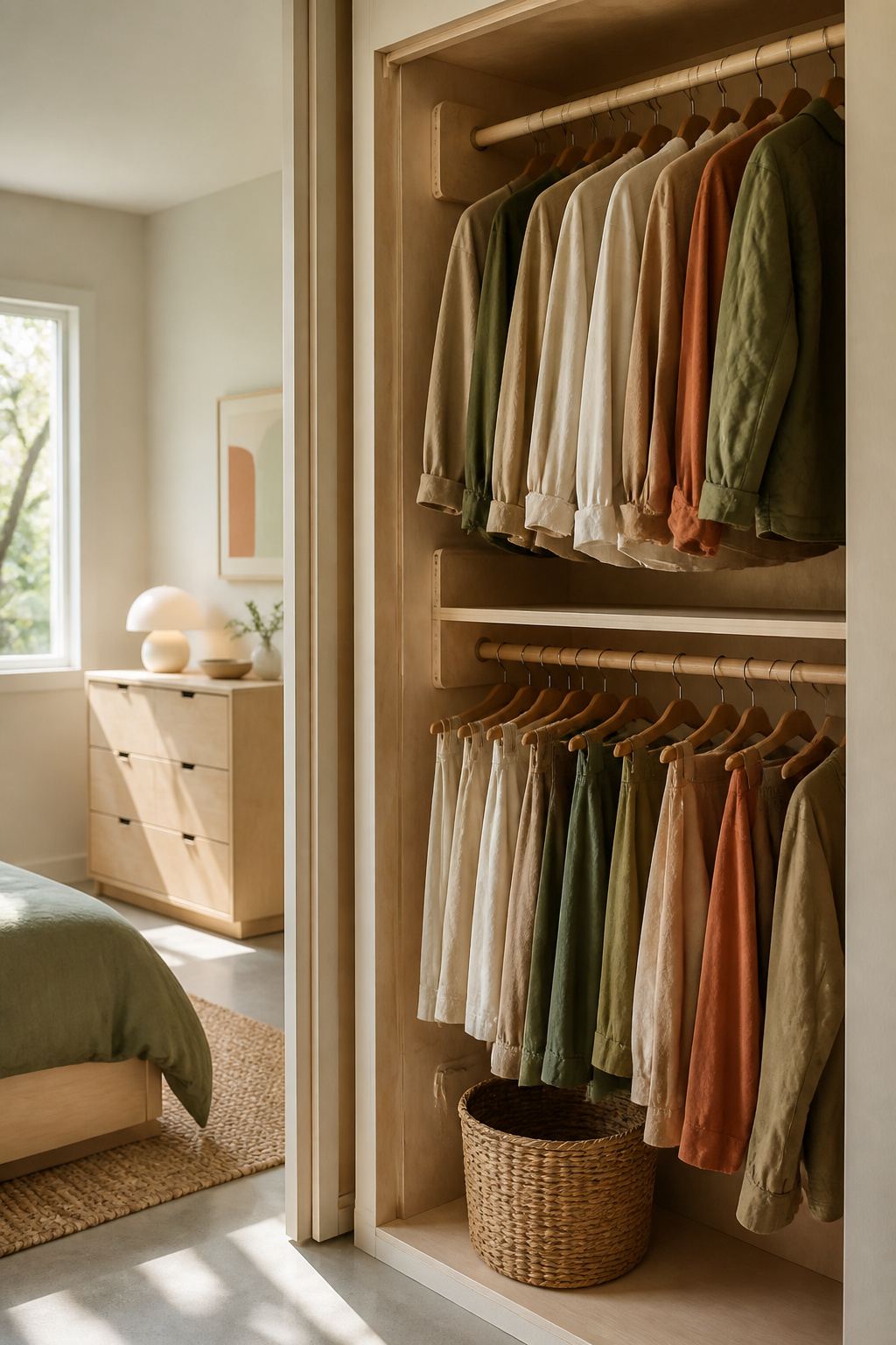Reach-in closet split into two hanging rod heights with birch plywood supports and a woven storage bin on the floor