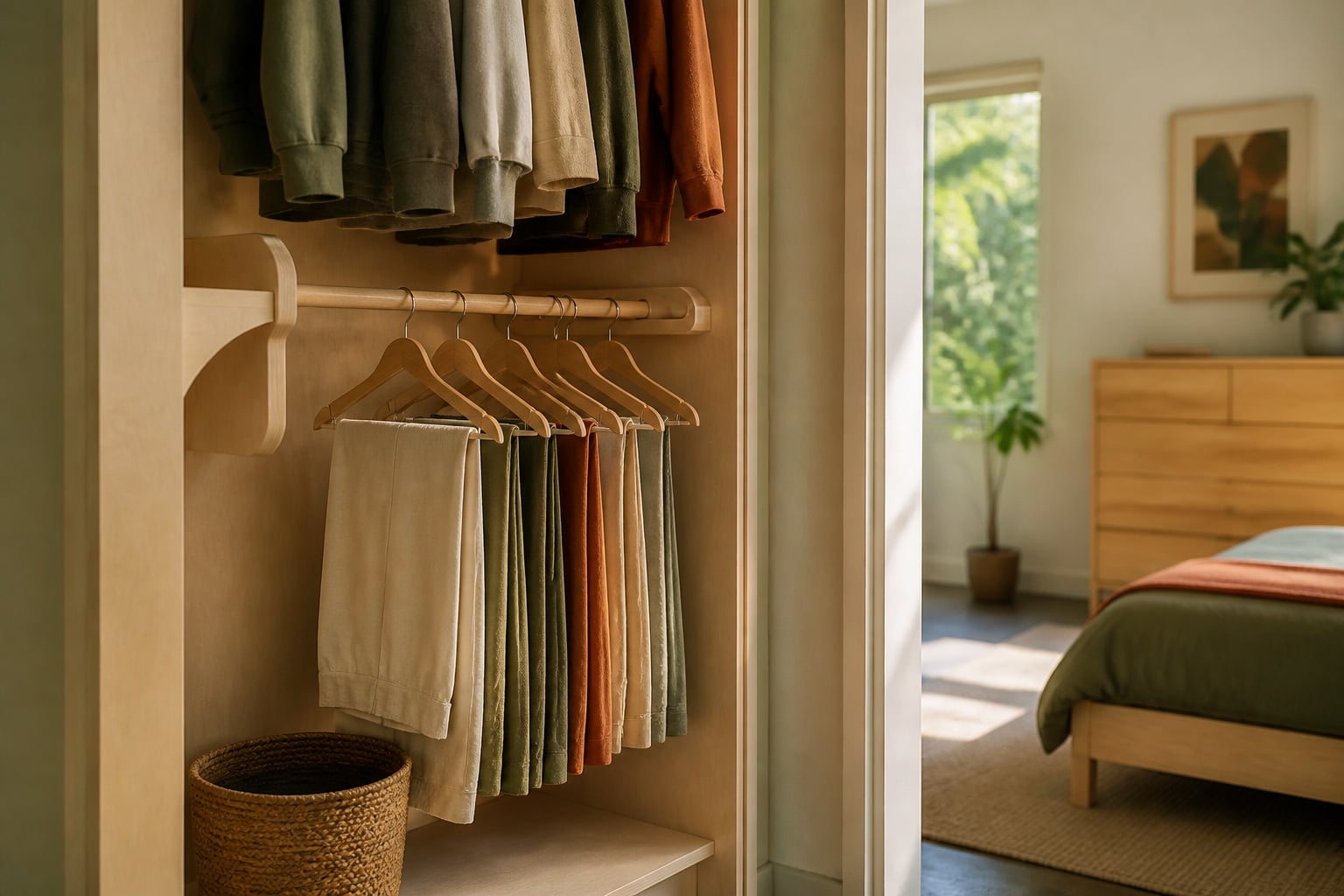 Reach-in closet split into two hanging rod heights with birch plywood supports and a woven storage bin on the floor