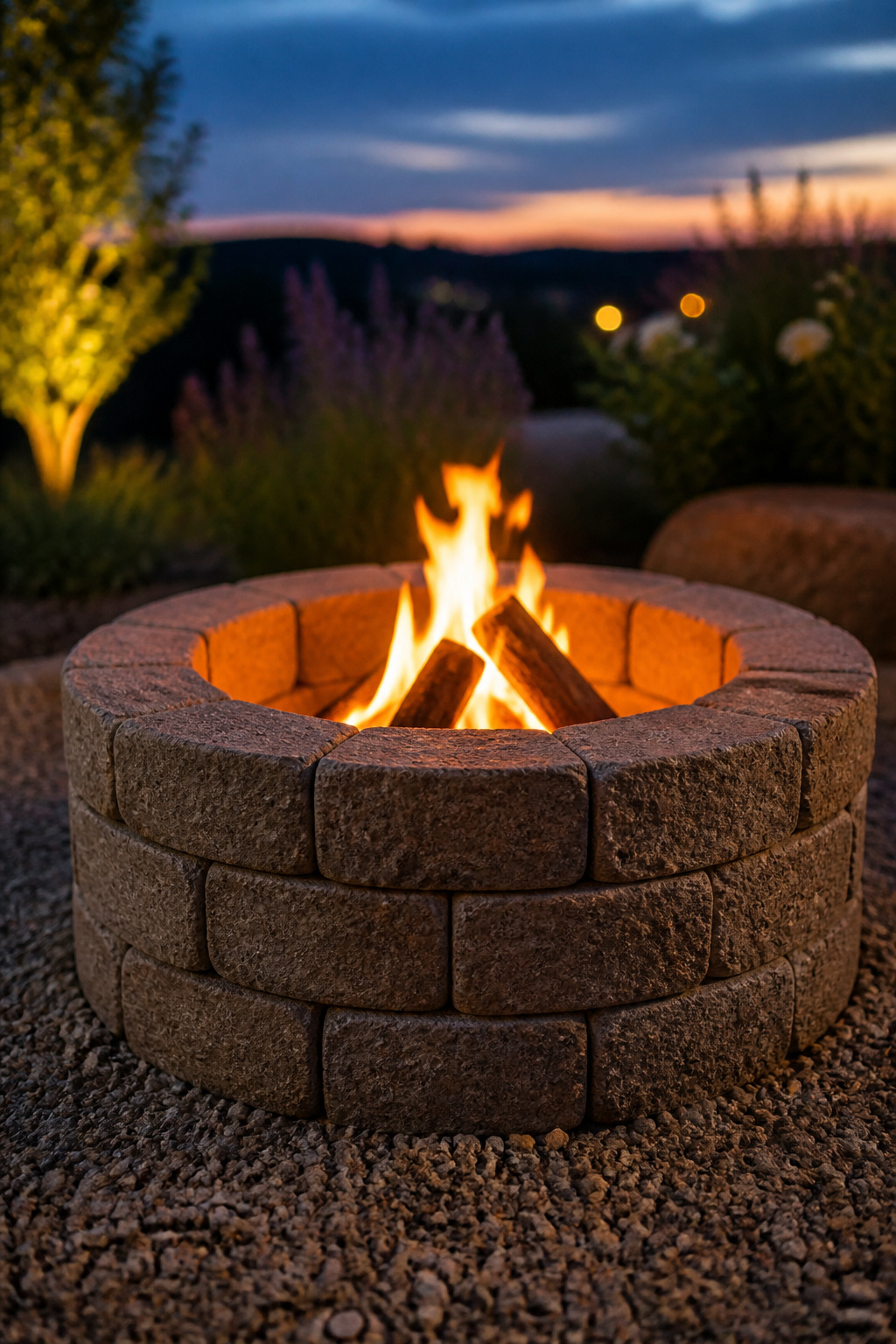 A dry-stacked retaining-wall block fire ring with a small wood fire burning inside, surrounded by pea gravel
