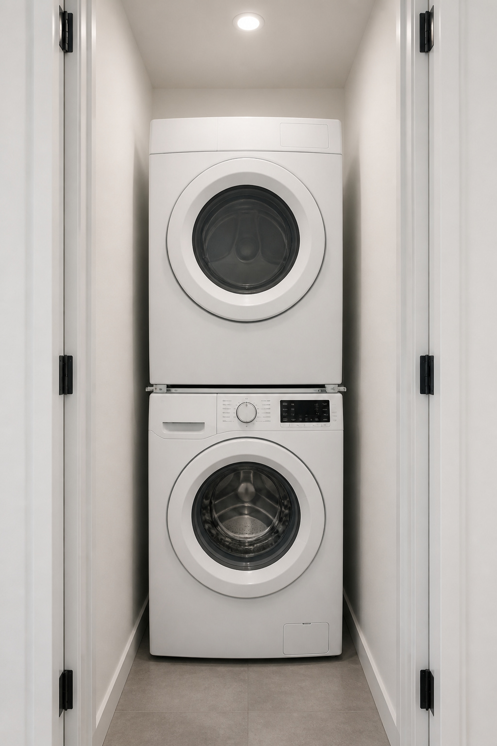 White stacked front-load washer and dryer in a 30-inch-wide laundry closet with manufacturer stacking bracket visible at the join