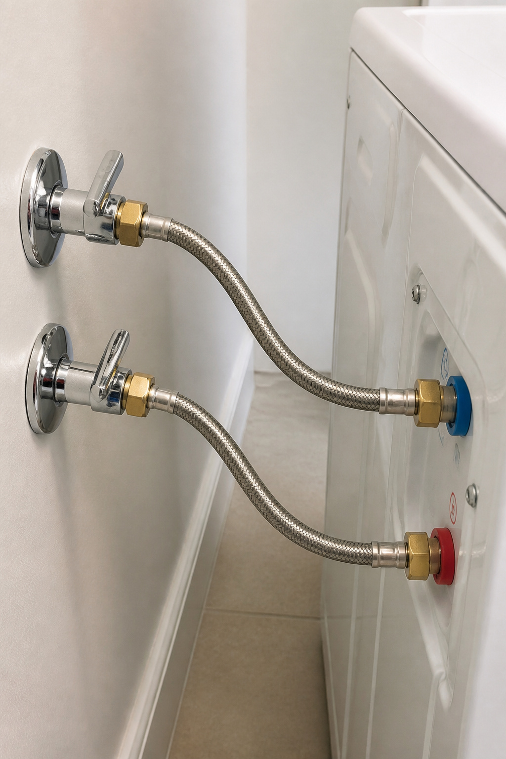 Pair of stainless-steel braided washing machine supply hoses in a smooth gentle arc from wall ball valves to machine inlet ports, showing correct 4-inch clearance gap behind the machine