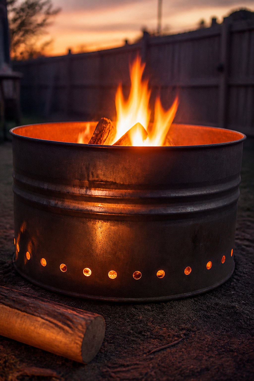 A cut-down 55-gallon steel drum repurposed as a fire pit with ventilation holes and a wood fire burning inside