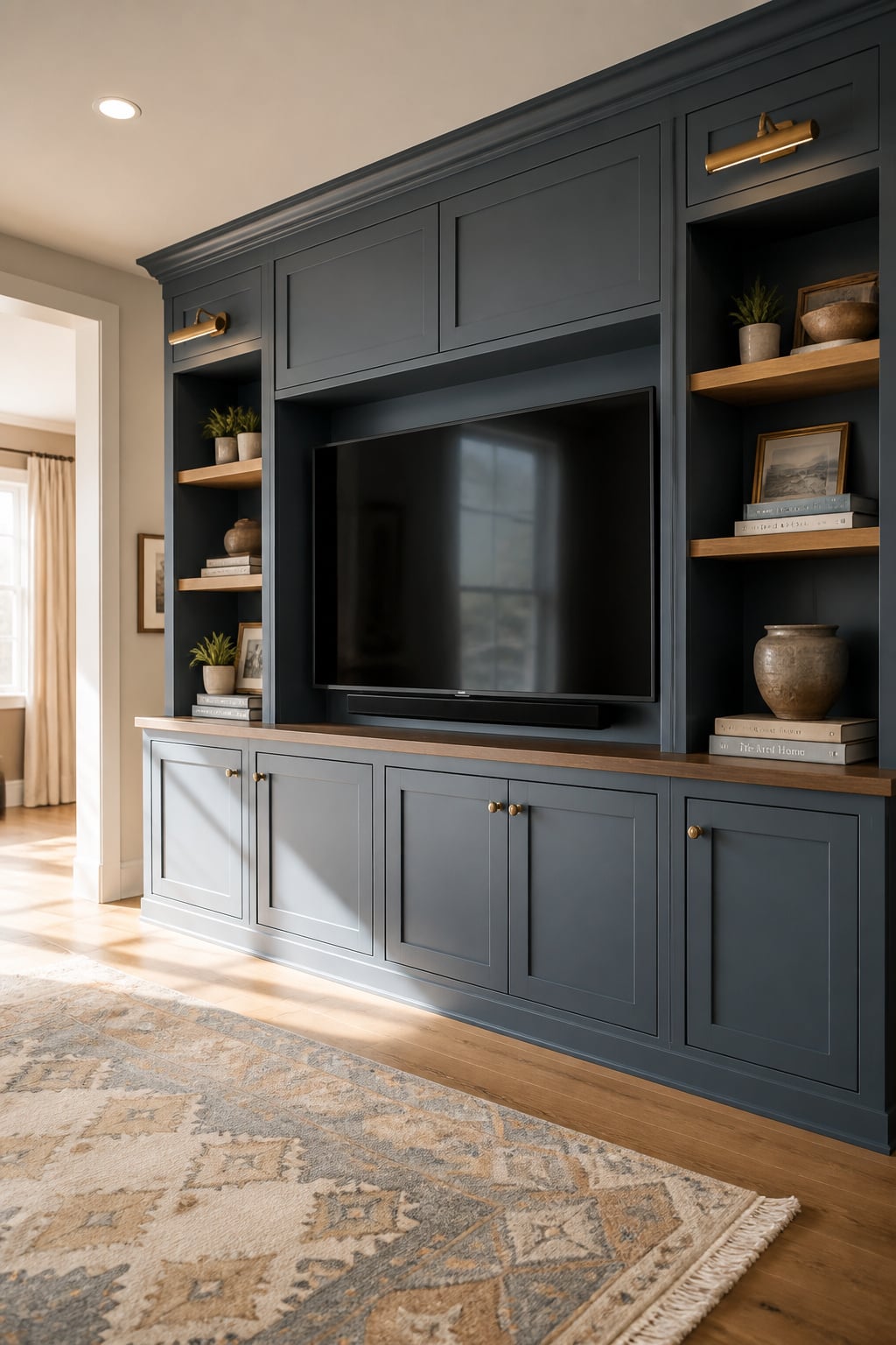 Painted slate-blue stock-cabinet living room built-in entertainment unit with a wall-mounted TV in the center and closed storage cabinets below