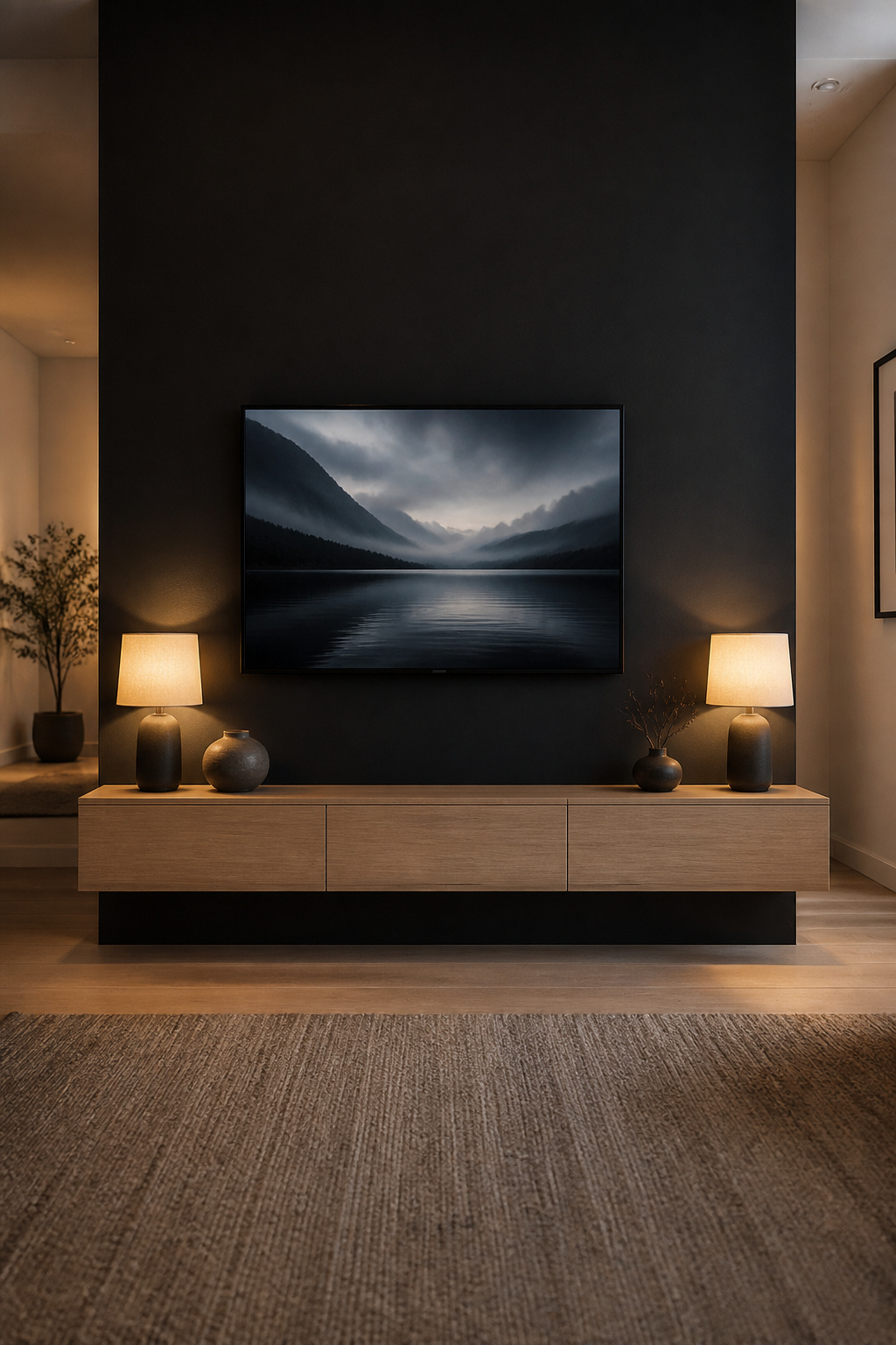 Deep charcoal TV accent wall with wall-mounted television and minimal pale oak floating console in a restrained modern living room