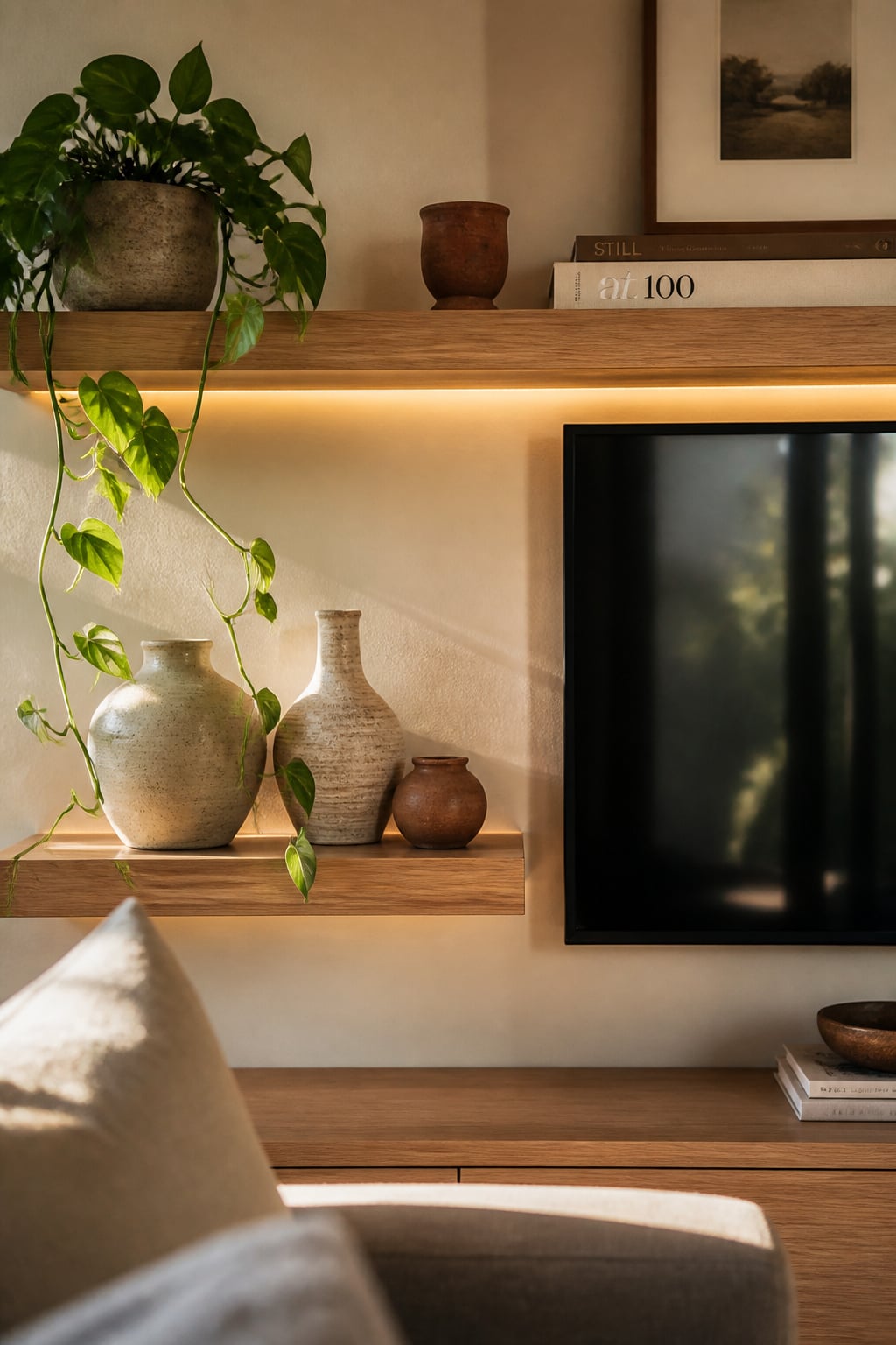 Styled floating shelves beside a wall-mounted TV showing the rule of three grouping — ceramic vessels, stacked books, and a trailing plant at different heights