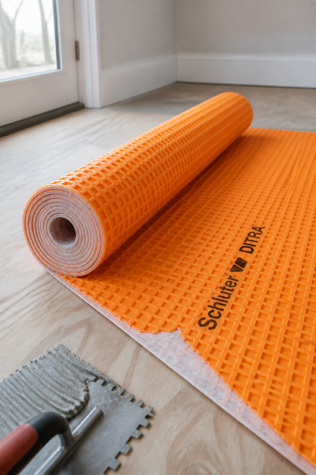 Schluter DITRA orange uncoupling membrane being unrolled over a plywood entryway subfloor, fleece backing visible at the leading edge