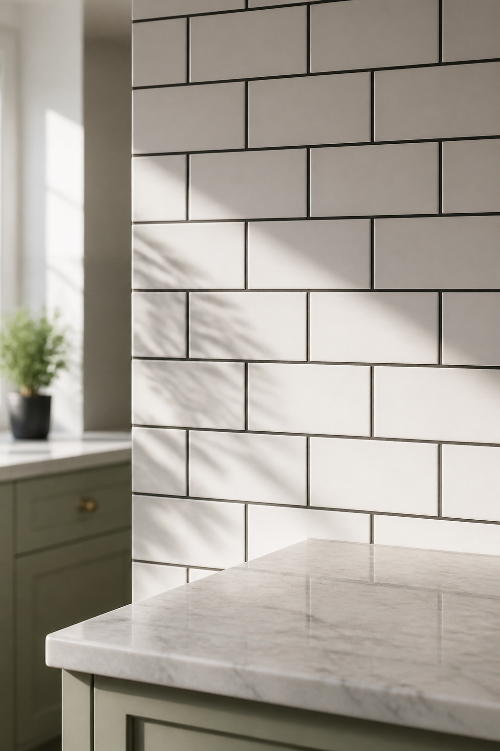 White subway tile with charcoal grout in running bond layout — the dark grout makes the grid pattern the design feature