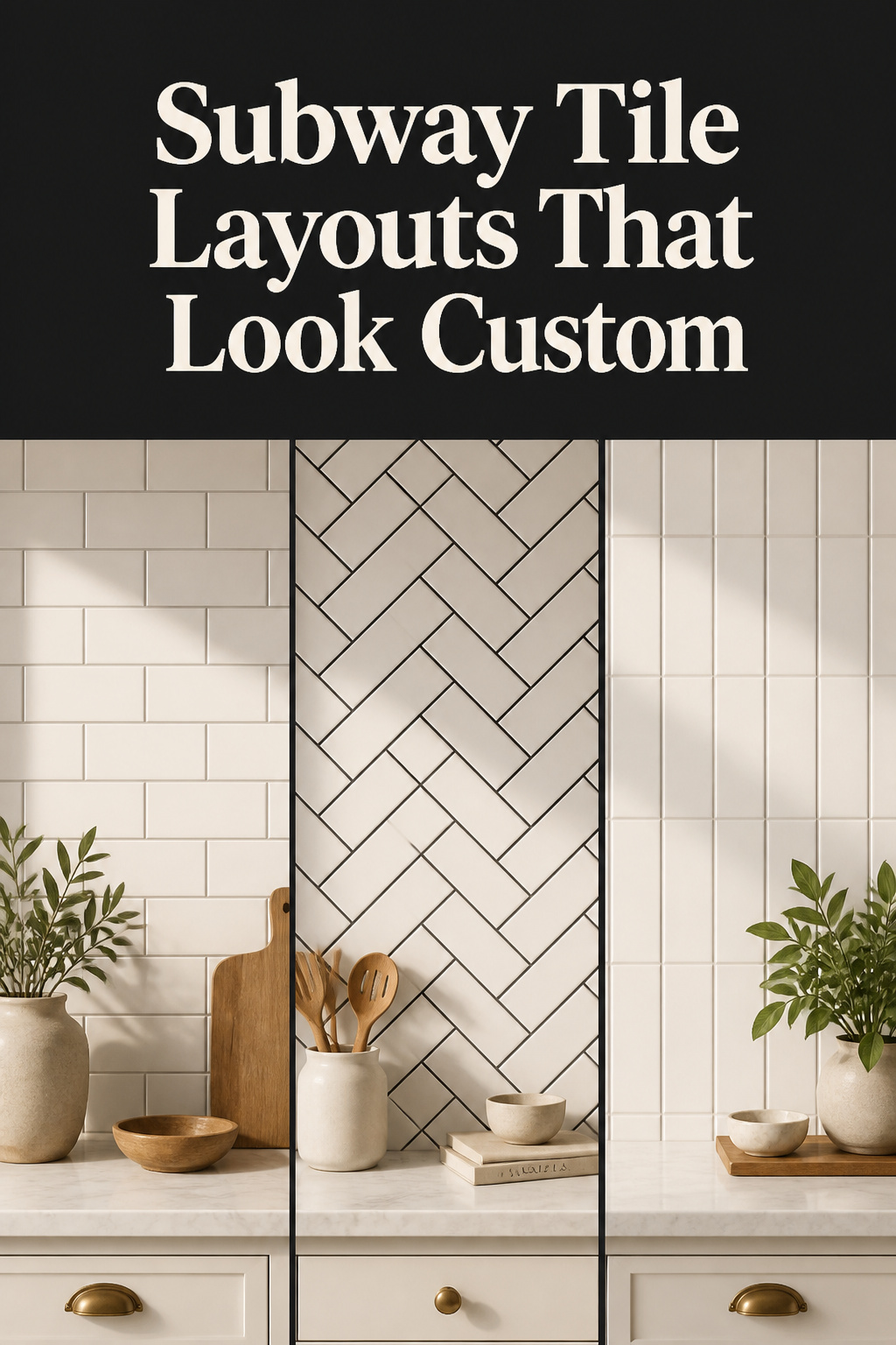 Three subway tile backsplash layout options side by side: horizontal running bond, herringbone, and vertical stack on white ceramic tile