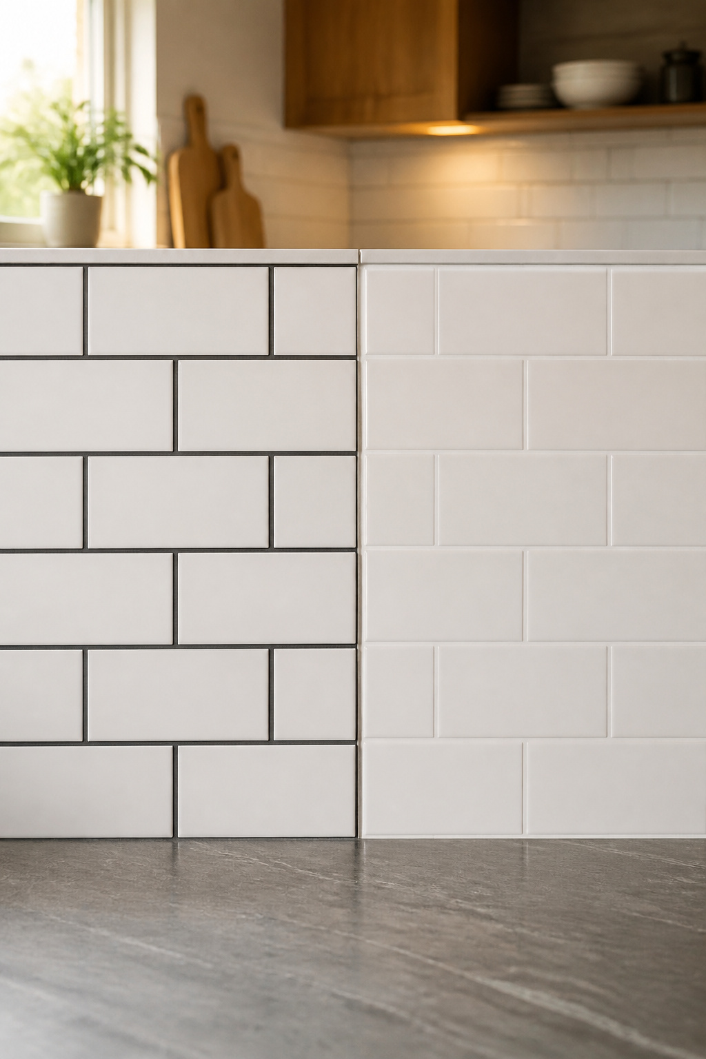 White subway tile backsplash comparison showing charcoal grey contrast grout lines versus matched white grout, both in running bond layout