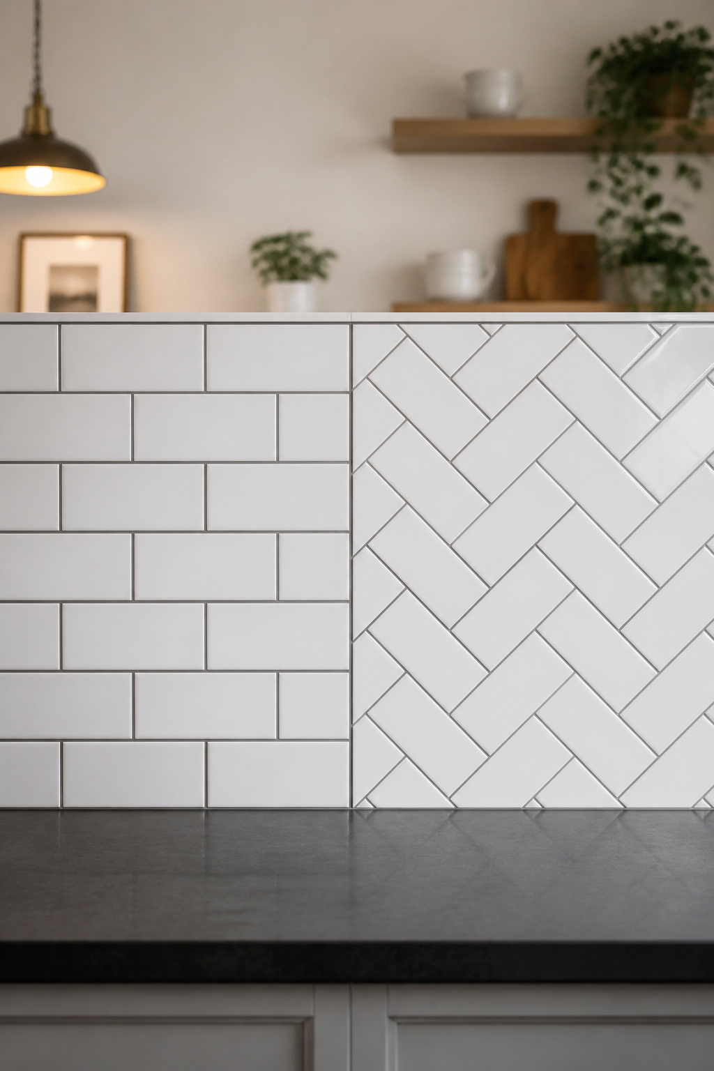 Side-by-side kitchen backsplash showing horizontal running bond subway tile on the left and herringbone layout on the right, both in white ceramic with grey grout