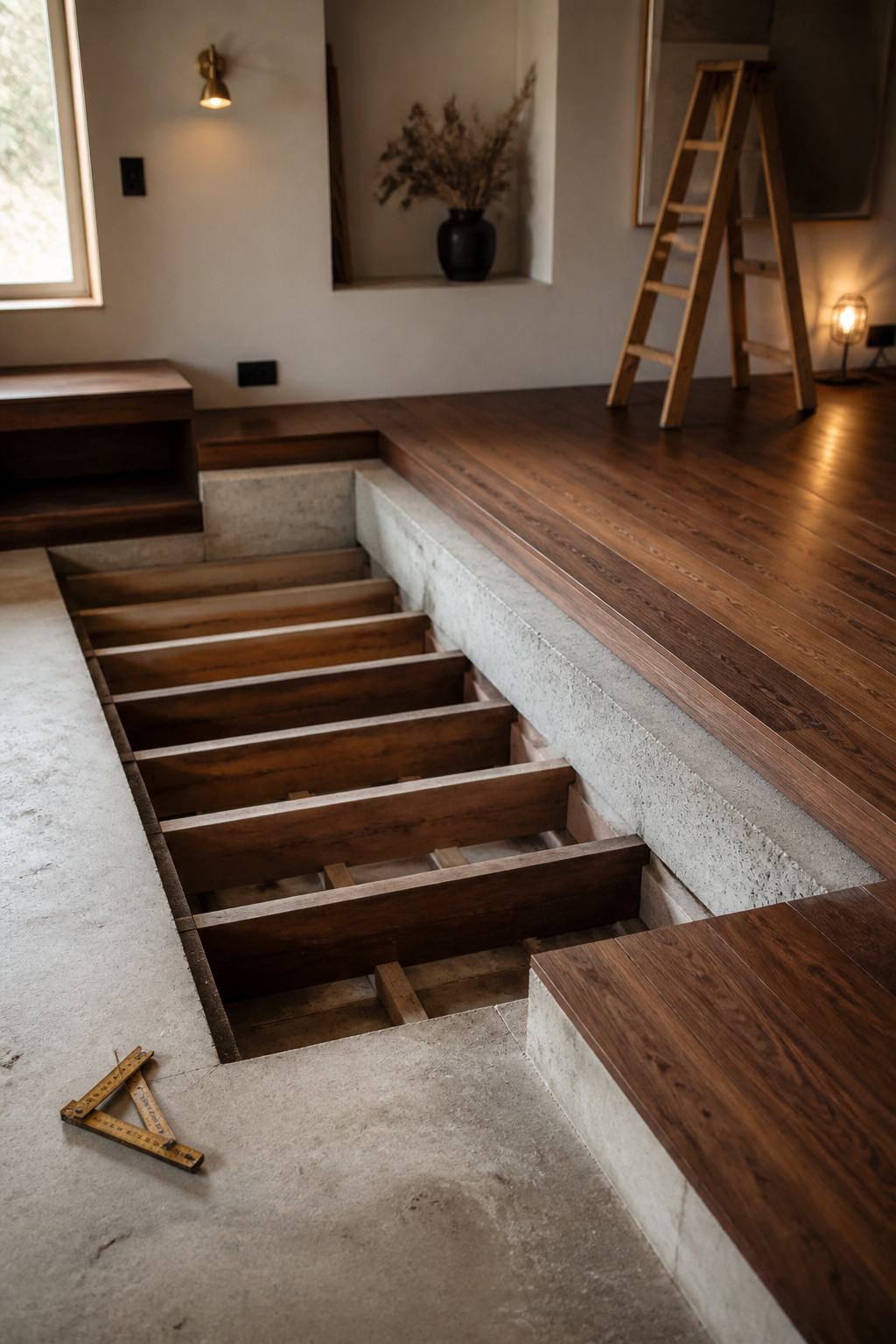 Sunken living room under construction with exposed floor joists on one side and finished walnut flooring meeting a raw concrete step edge on the other