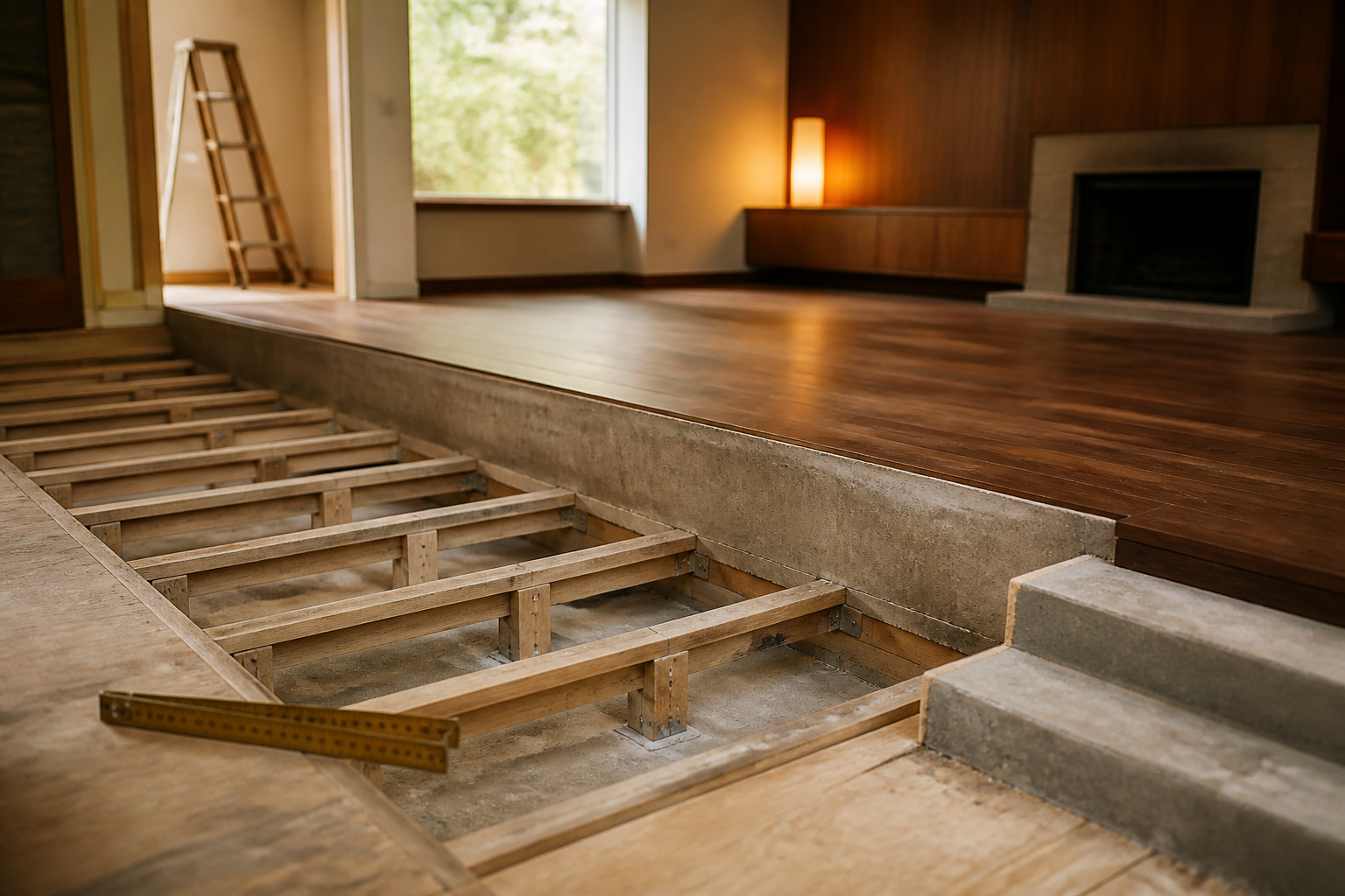 Sunken living room under construction with exposed floor joists on one side and finished walnut flooring meeting a raw concrete step edge on the other