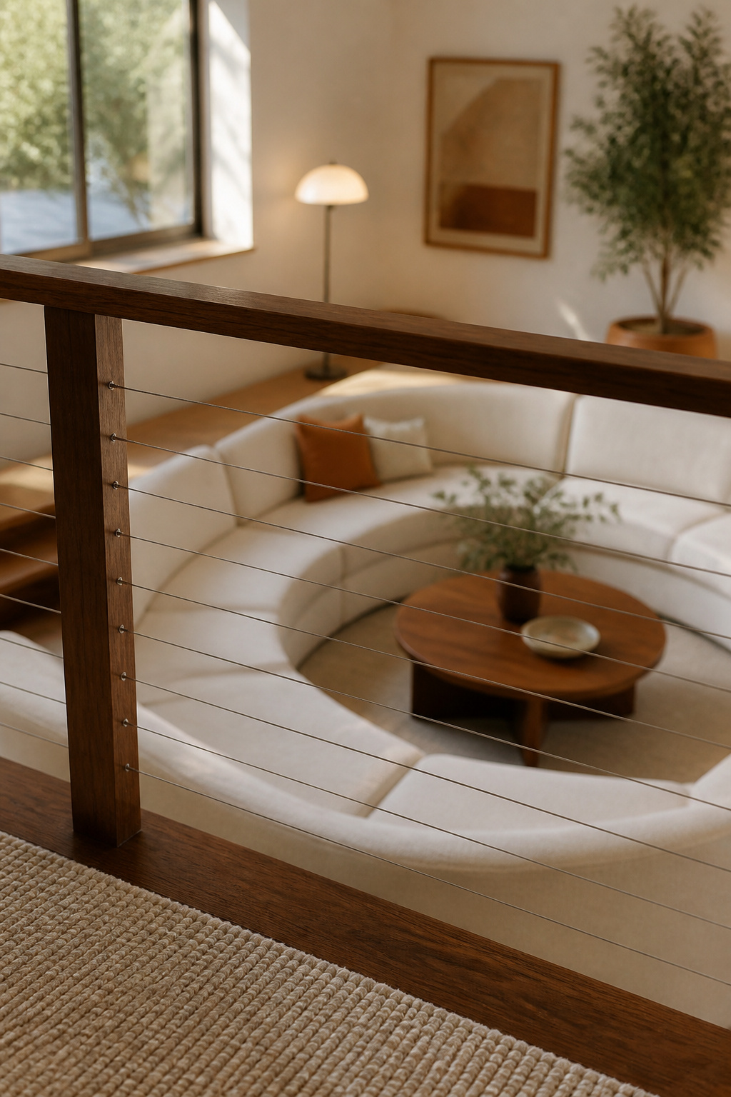 Minimal cable railing with a walnut top rail along a sunken living room step, seating area visible through the cables