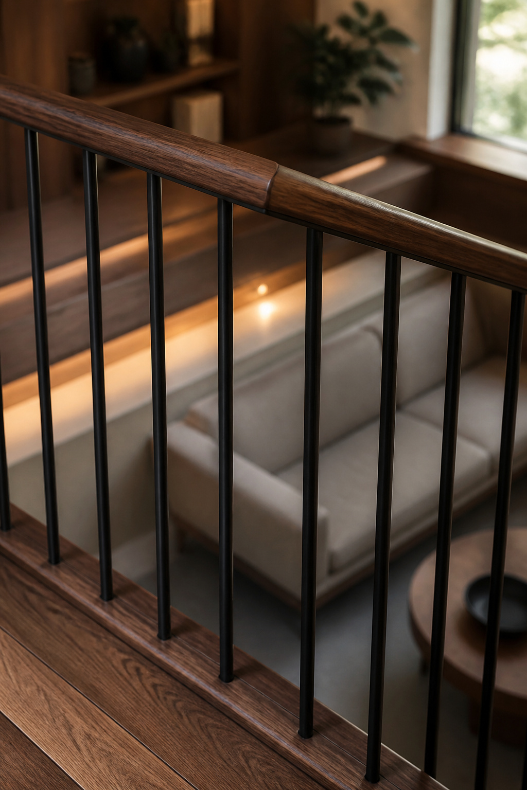 Low-profile blackened steel guardrail with evenly spaced balusters and a walnut cap rail along a sunken living room step edge