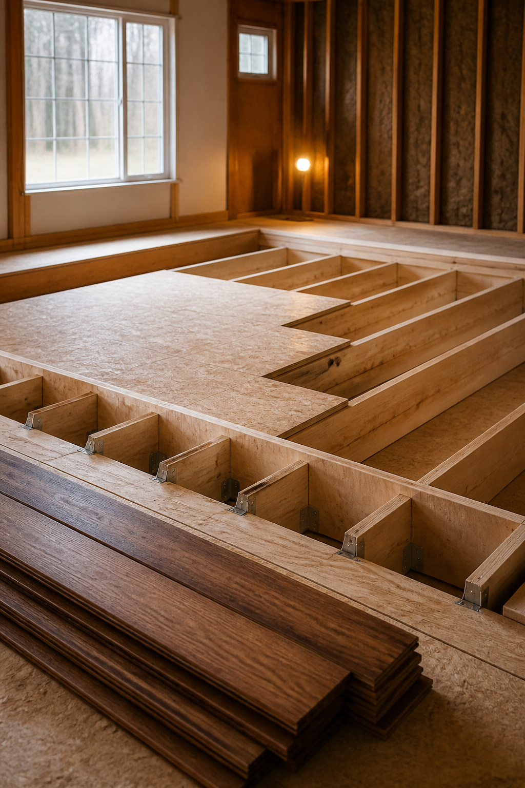 Exposed floor joists and subfloor framing during construction of a new sunken living room