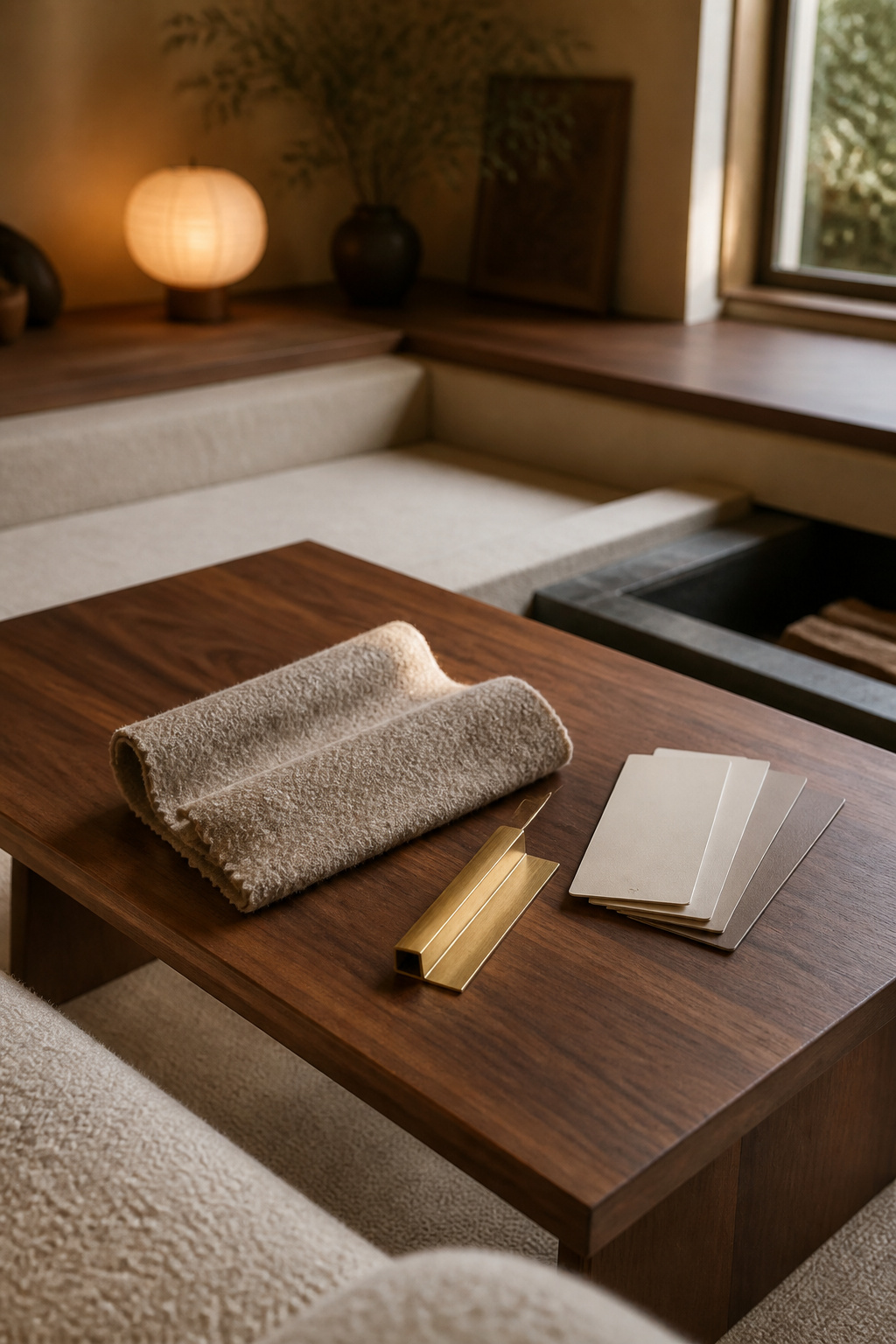 Wool, brass and paint samples arranged on a walnut table beside a sunken living room seating area