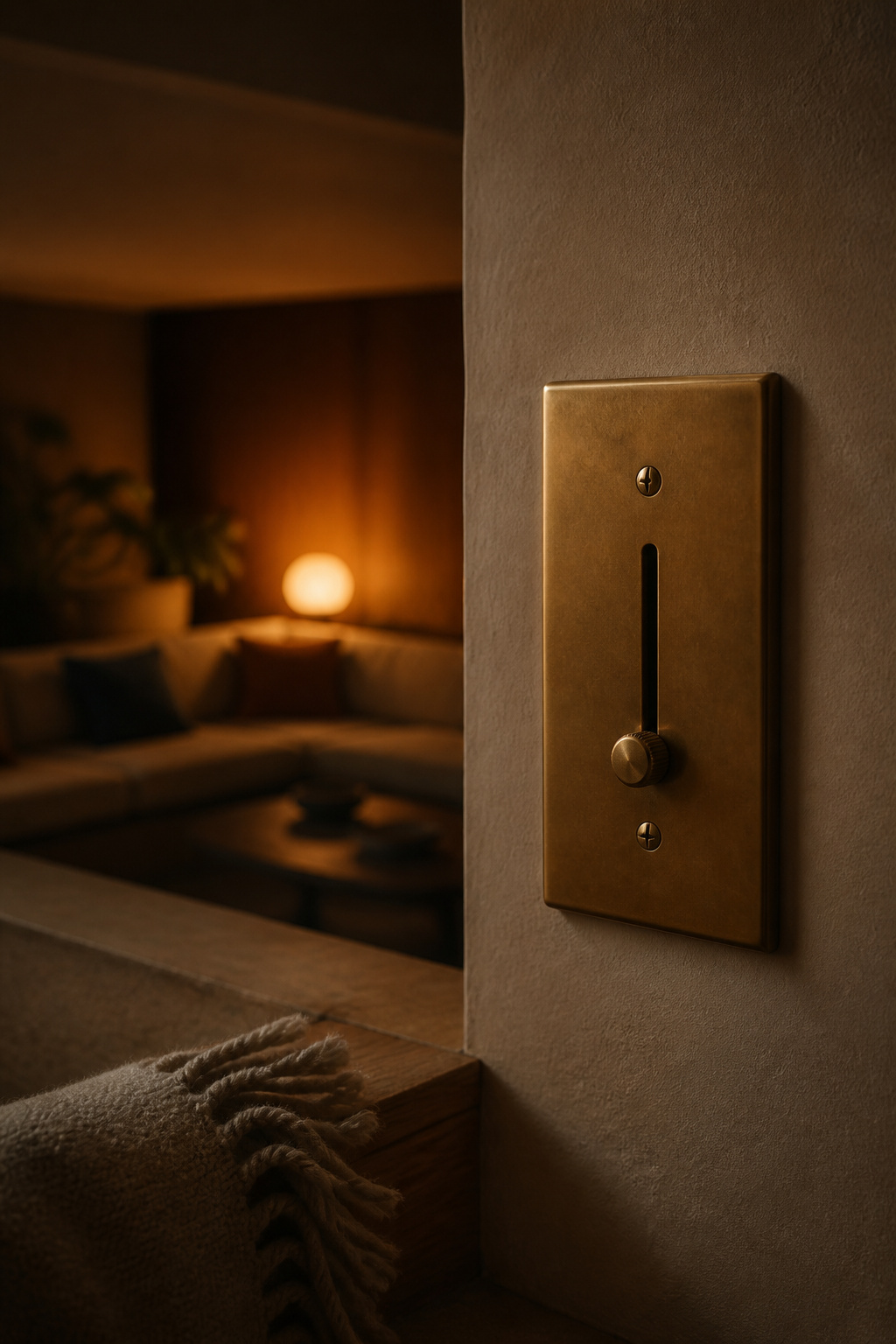 Dimmer switch on a brass wall plate set low, with a dimmed sunken living room conversation scene glowing behind it