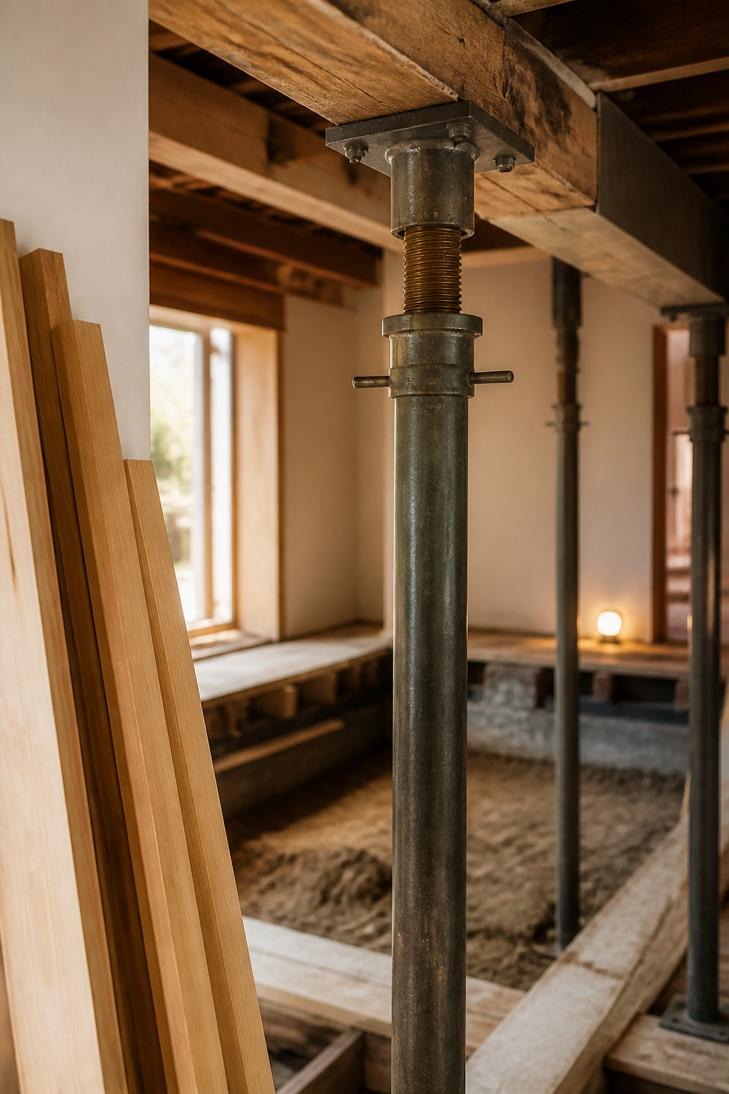 Temporary steel support posts shoring a floor structure during a sunken living room framing project